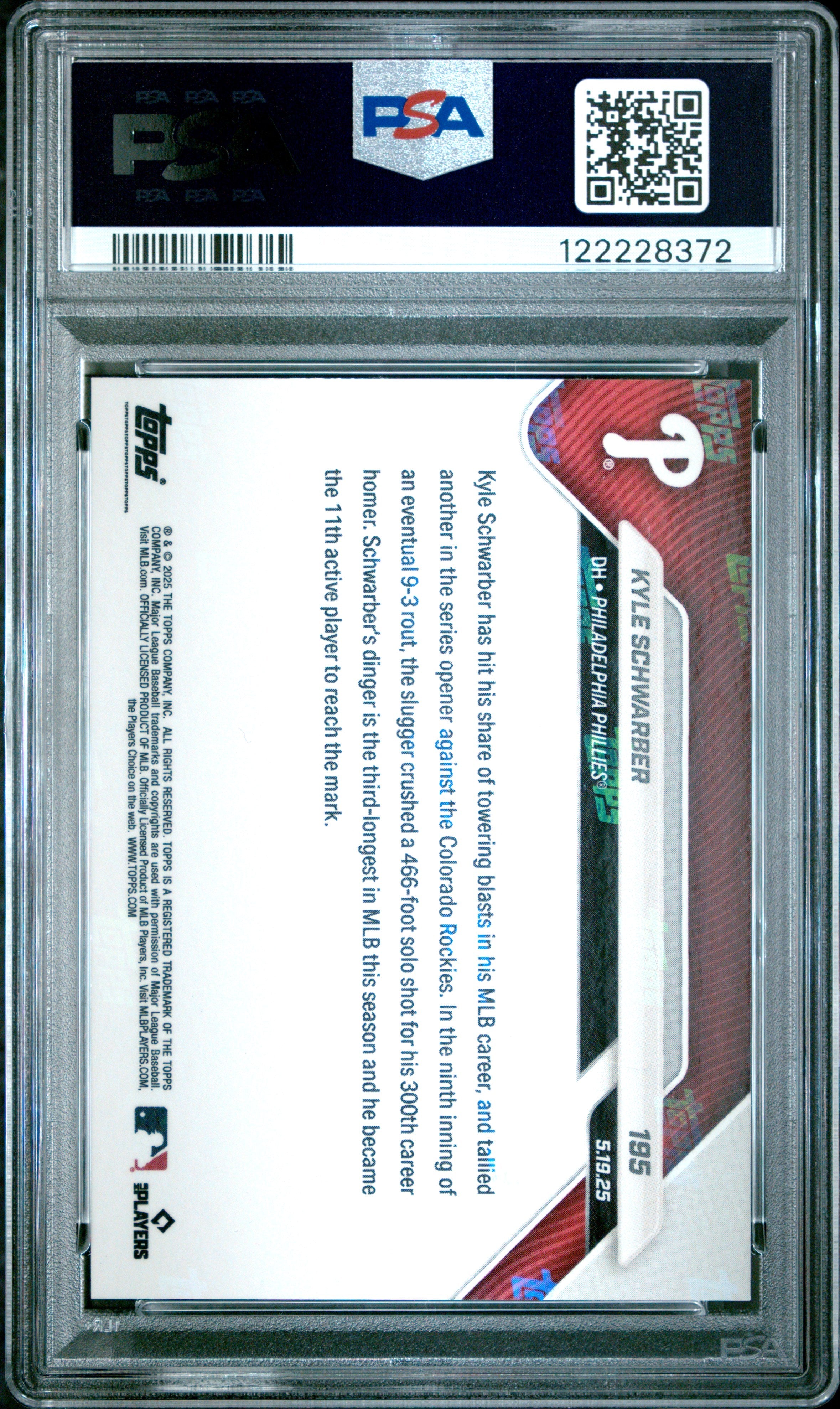 Graded 2025 Topps Now Kyle Schwarber #195 Orange Foil /25 Baseball Card PSA 9 Mint