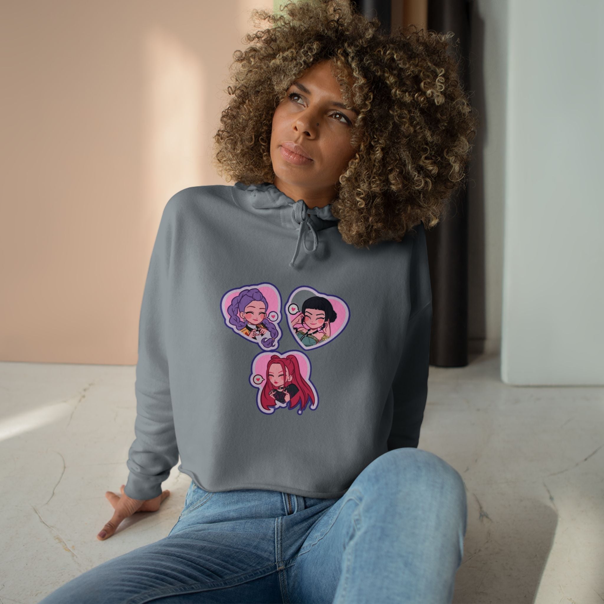 Idol style 5 Crop Hoodie with Fun Character Stickers, Perfect for Casual Wear, Anime Conventions, Gifts, & Everyday Style