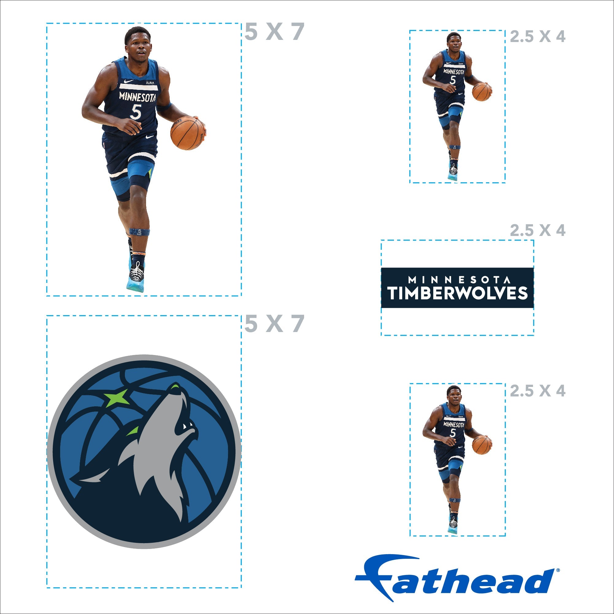 Anthony Edwards - 5 Minis (Mixed Sizes) - Official NBA - Minnesota Timberwolves - Reusable Vinyl Decals