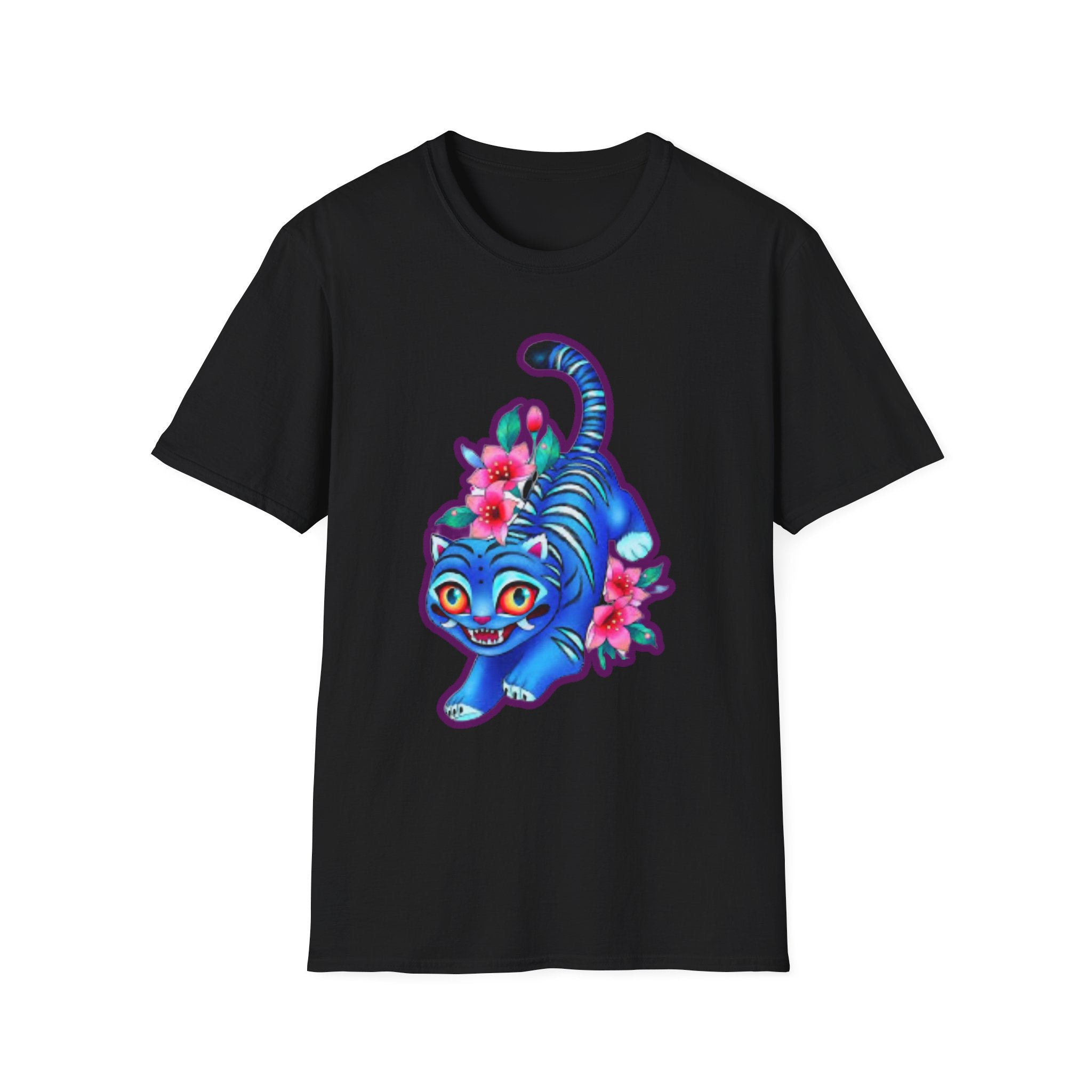 Charming Blue Floral Cat  idol tigerT-Shirt, Cute Cat Tee, Animal Lover Gift, Summer Fashion, Gift for Cat Lovers, Fun Graphic Tee