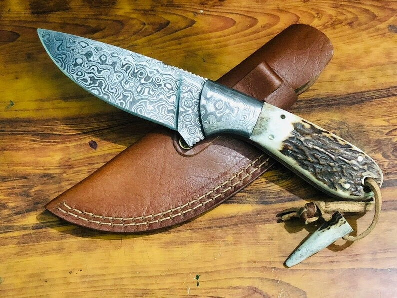 Deer Skinning Knife Custom Handmade Raindrops Damascus Steel with Antler Horn Handle, 8.5-inch - The Wildcrest