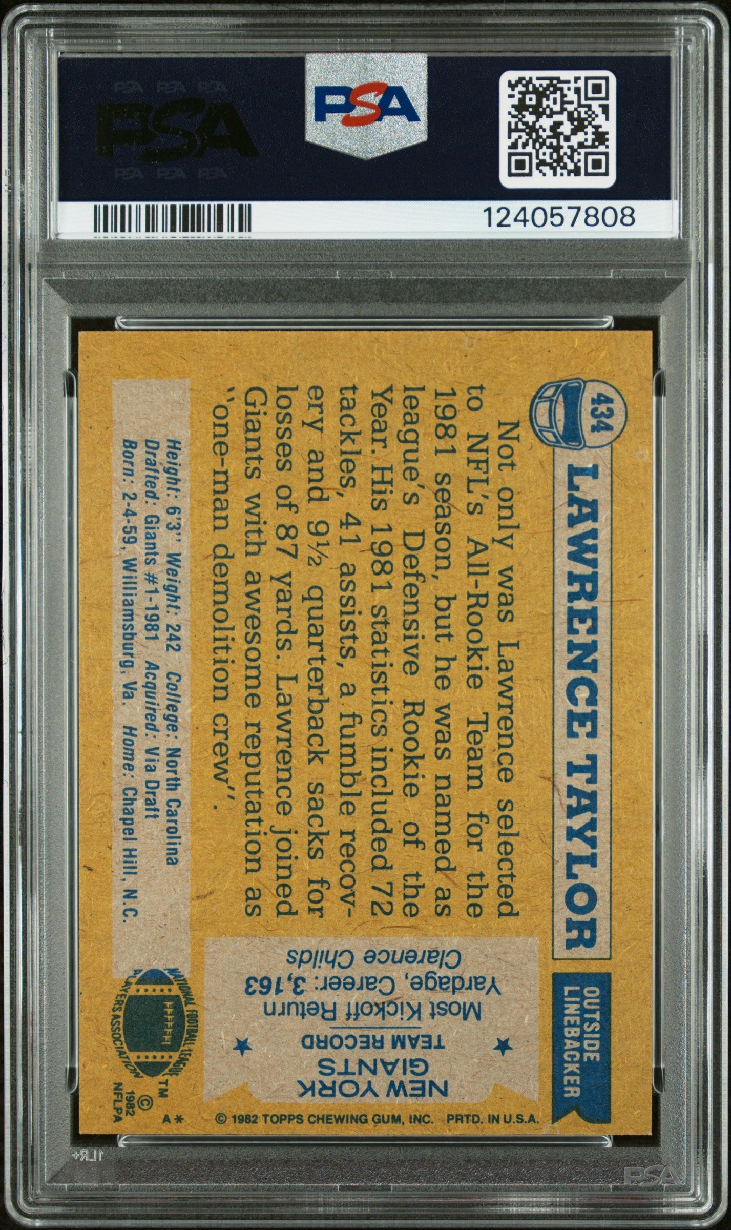 Graded 1982 Topps Lawrence Taylor #434 Rookie RC Signed Football Card PSA 6 Card - Auto Grade Authentic