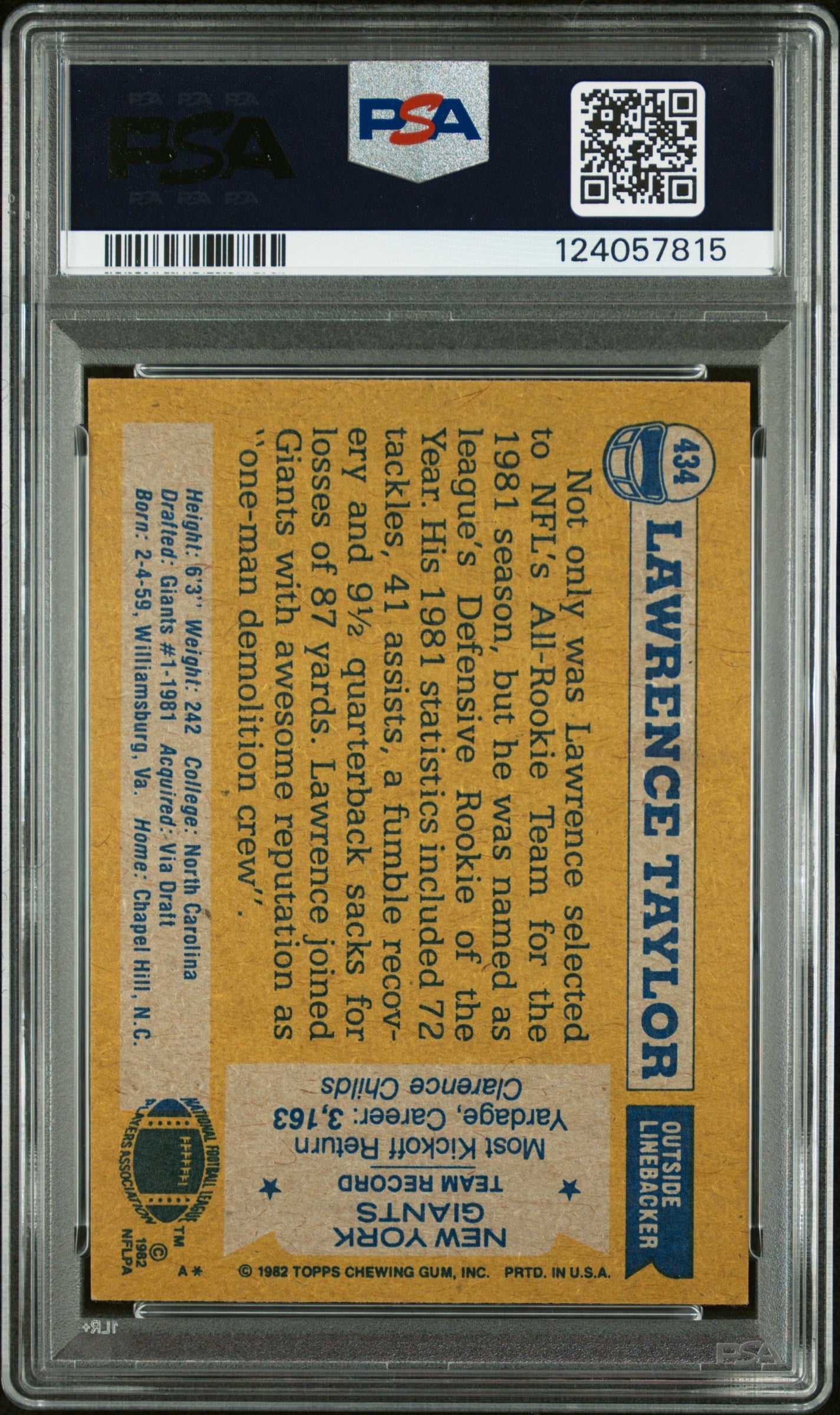 Graded 1982 Topps Lawrence Taylor #434 Rookie RC Signed Football Card PSA 6 Card - Auto Grade Authentic