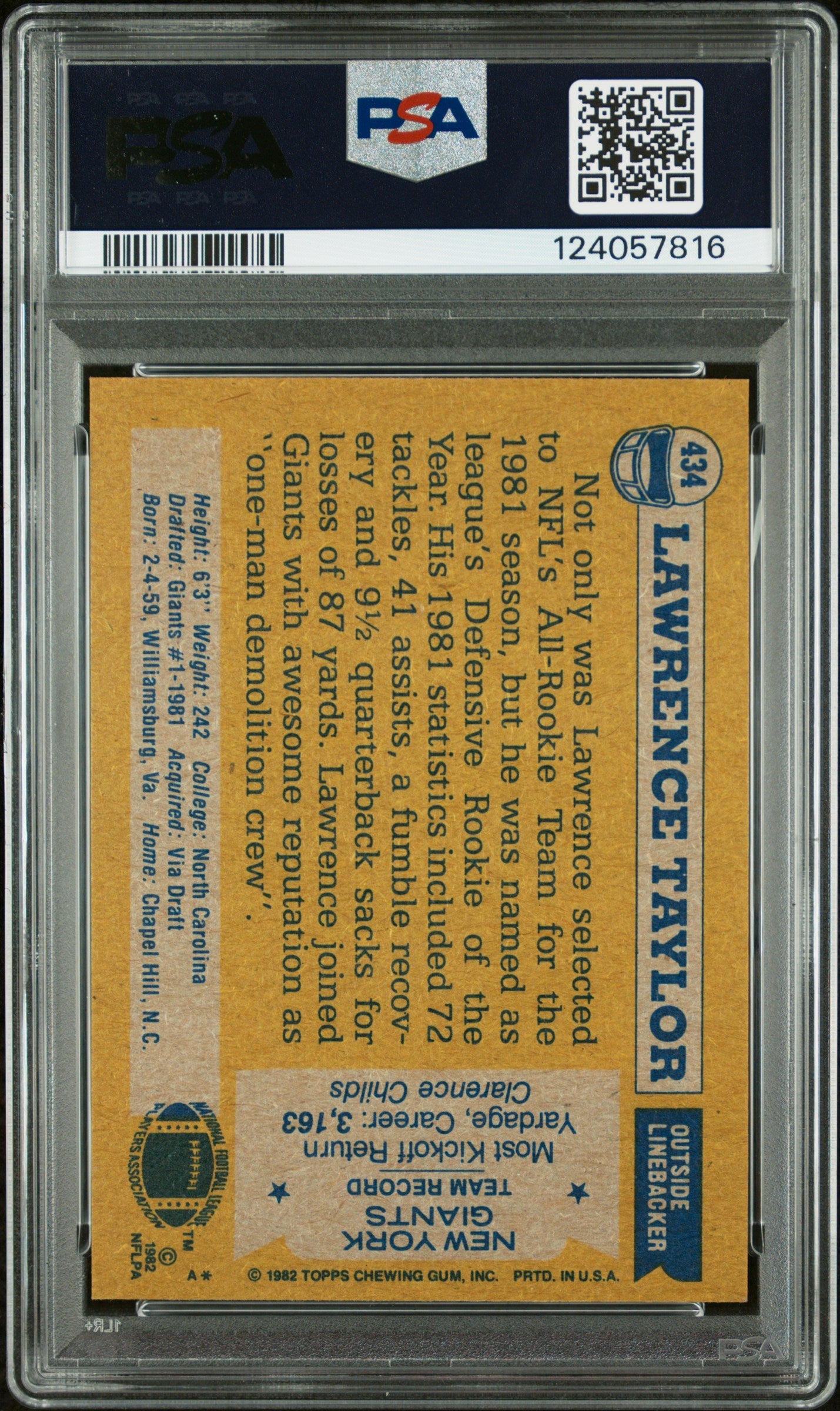 Graded 1982 Topps Lawrence Taylor #434 Rookie RC Signed Football Card PSA 6 Card - Auto Grade Authentic