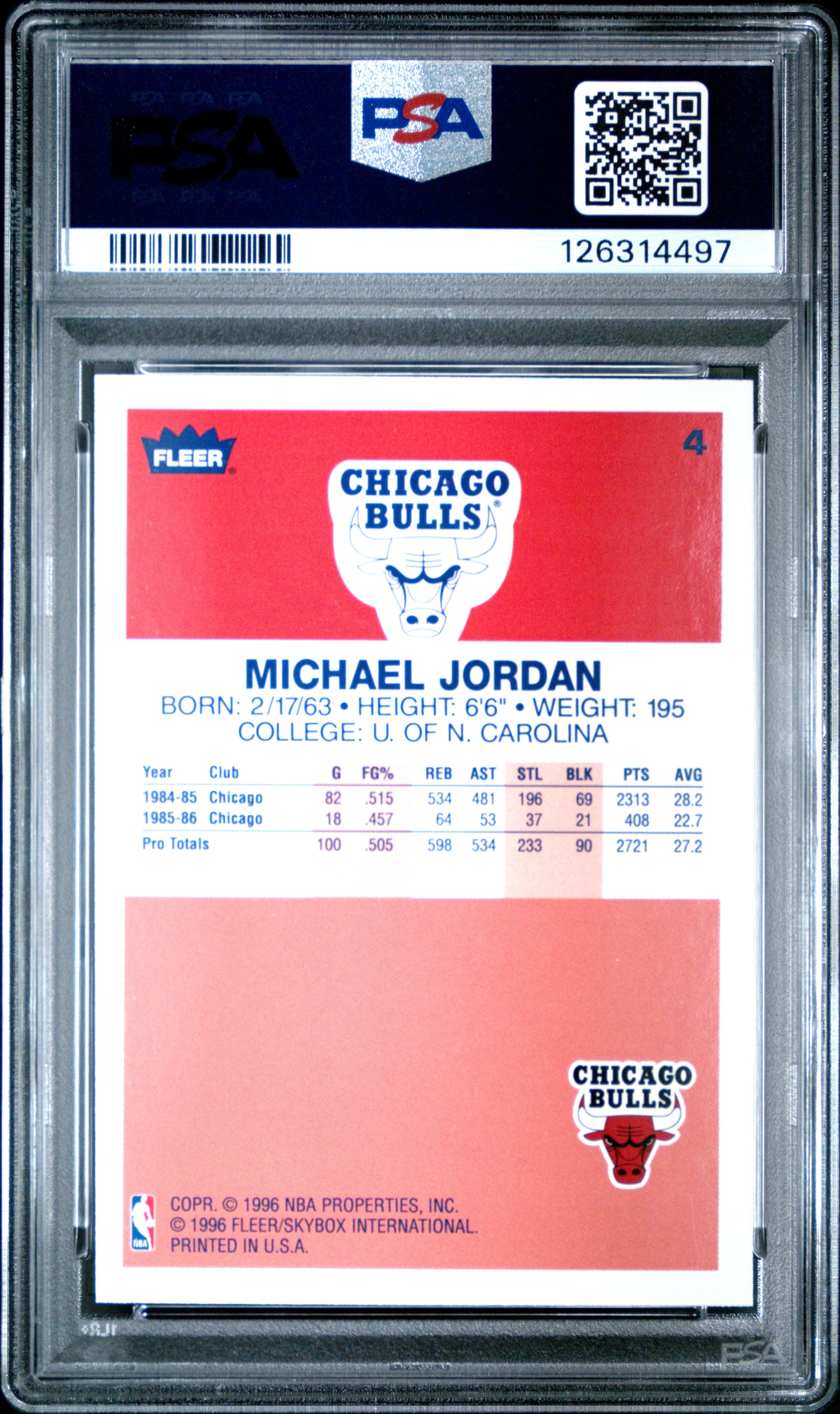 Graded 1996 Fleer Michael Jordan #4 Decade of Excellence Rookie Reprint Basketball Card PSA 9 Mint
