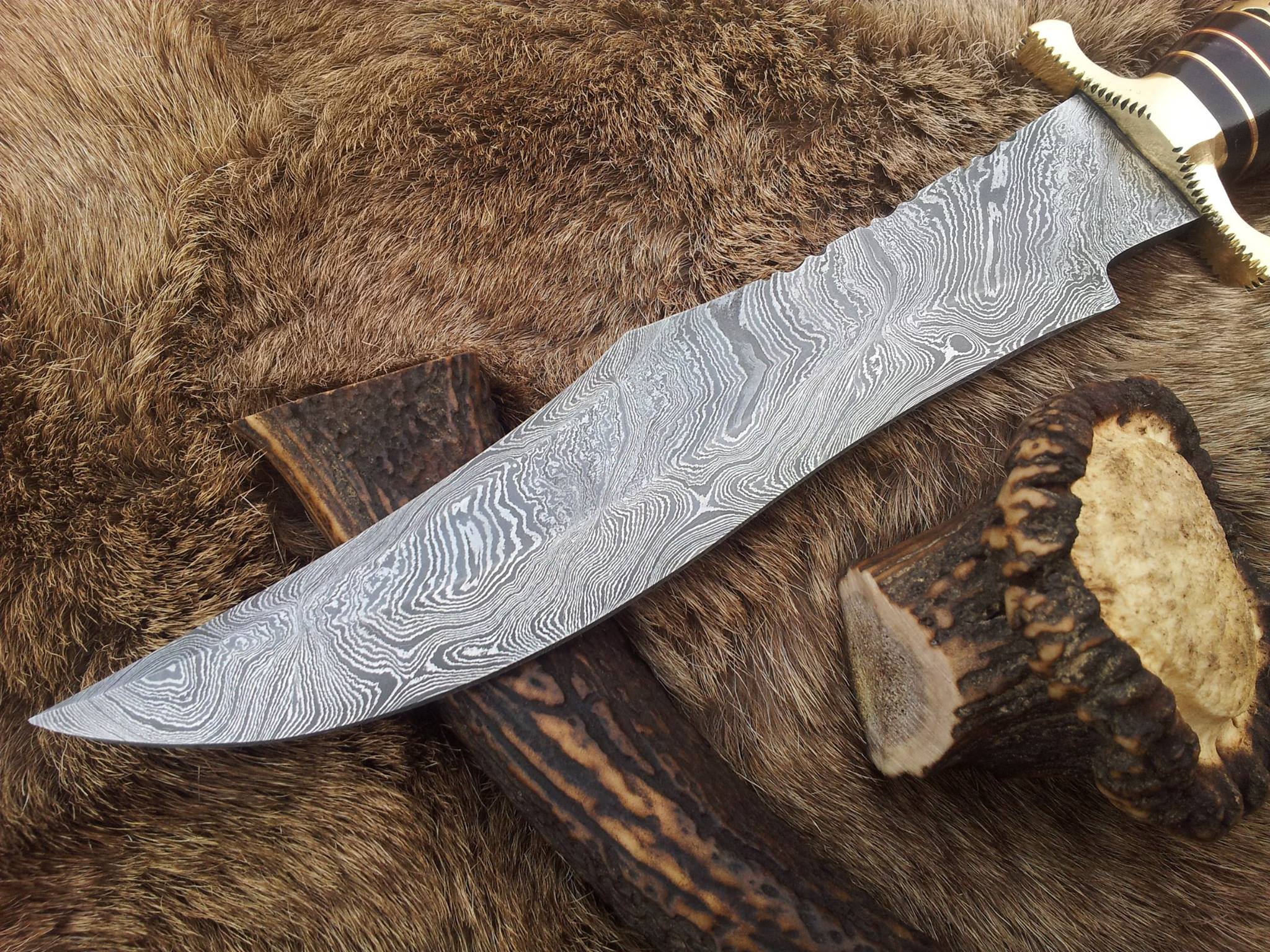 Custom Handmade Steelstorm Bowie Knife with Twist Pattern Damascus Steel Blade and Olive Wood Handle - 13 Inches