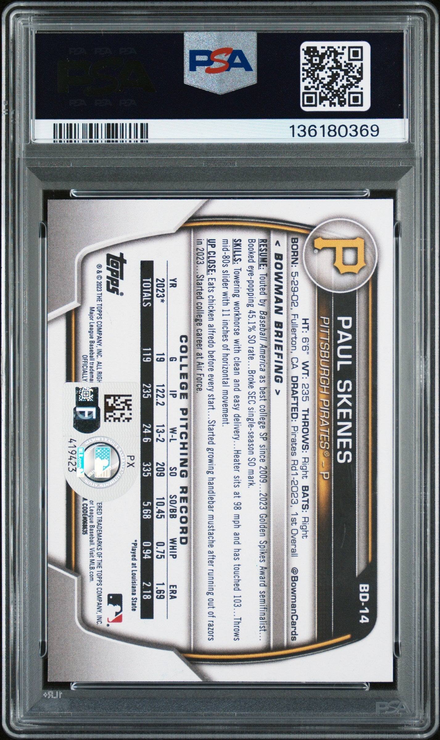 Graded 2023 Topps Bowman Draft Paul Skenes #BD14 Rookie RC Baseball Card PSA Authentic Auto