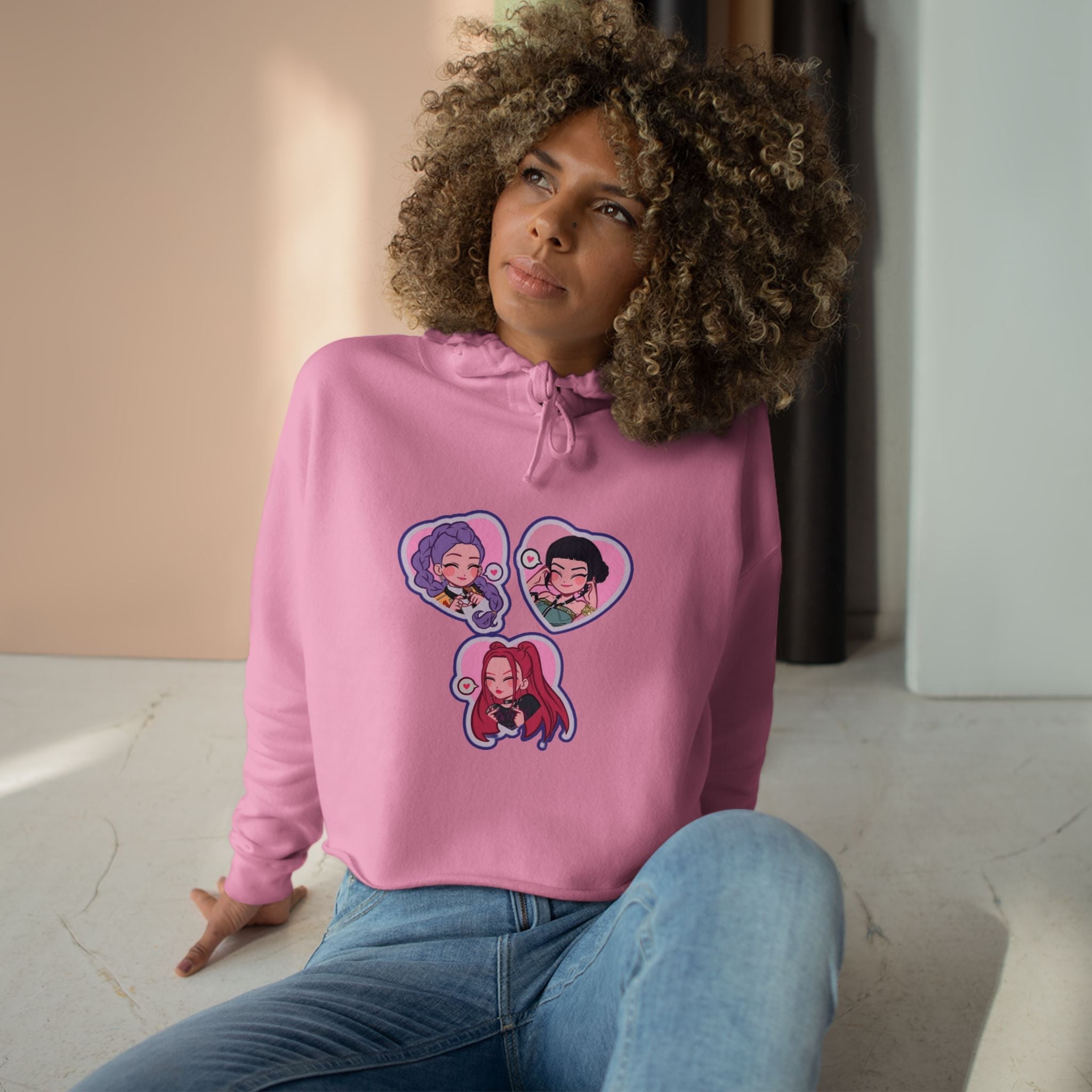 Idol style 5 Crop Hoodie with Fun Character Stickers, Perfect for Casual Wear, Anime Conventions, Gifts, & Everyday Style