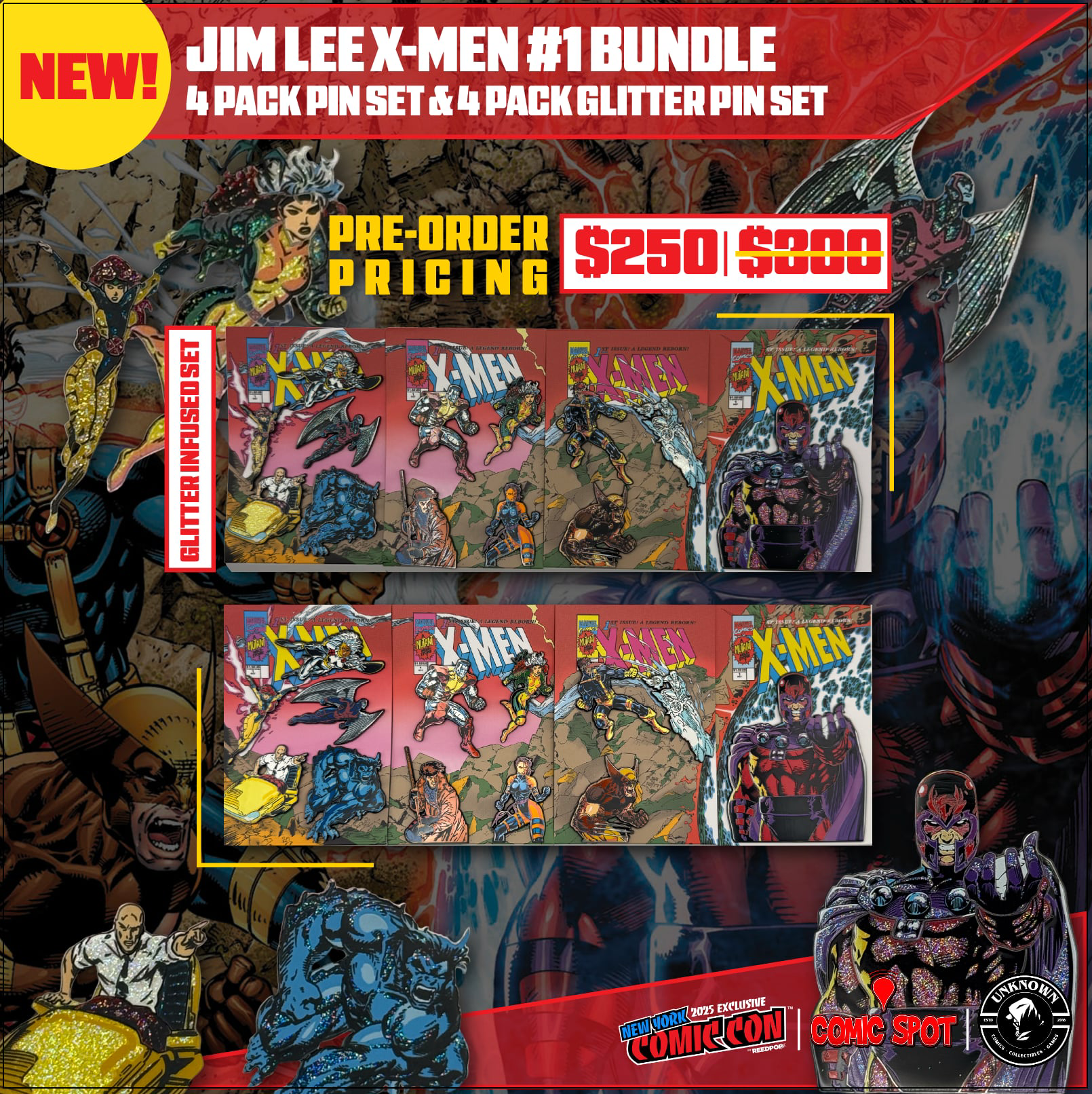 [BUNDLE] Jim Lee X-Men #1 4 Pack Exclusive Enamel GLITTER ✨ NYCC |  4 Pack SDCC Enamel Pins Sets (10/22/2025)
