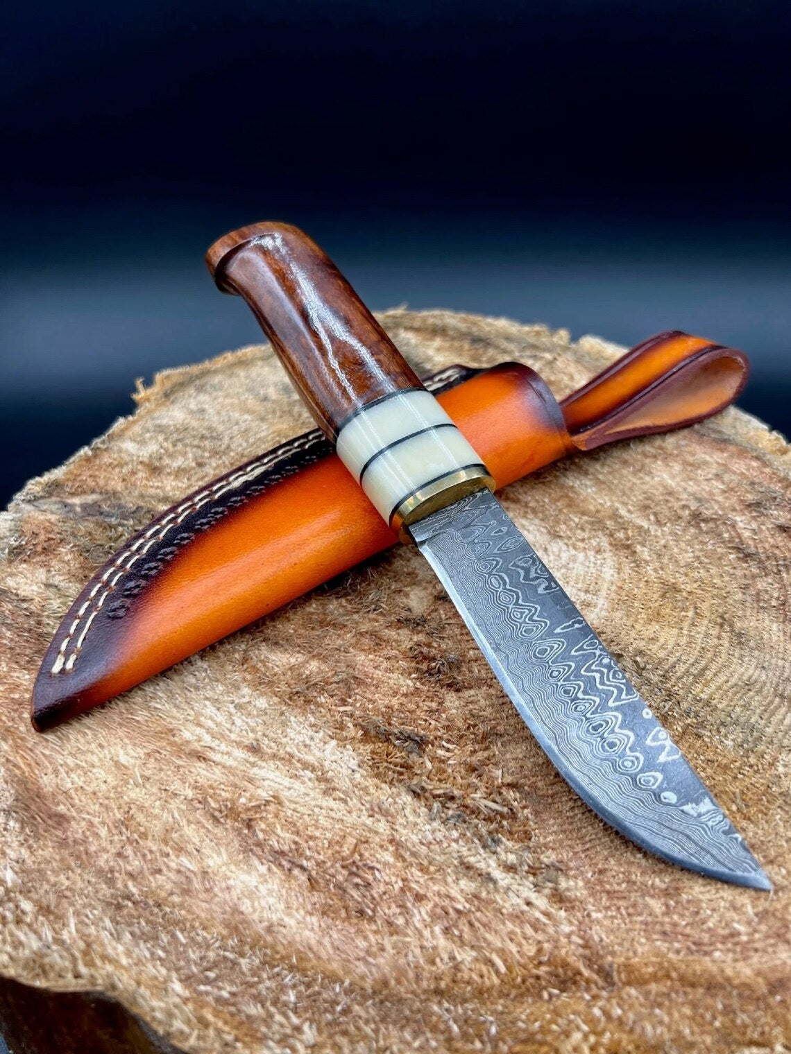Custom Handmade Damascus Hunting Camping Knife with Bone, Rosewood, and Brass Bolster Handle