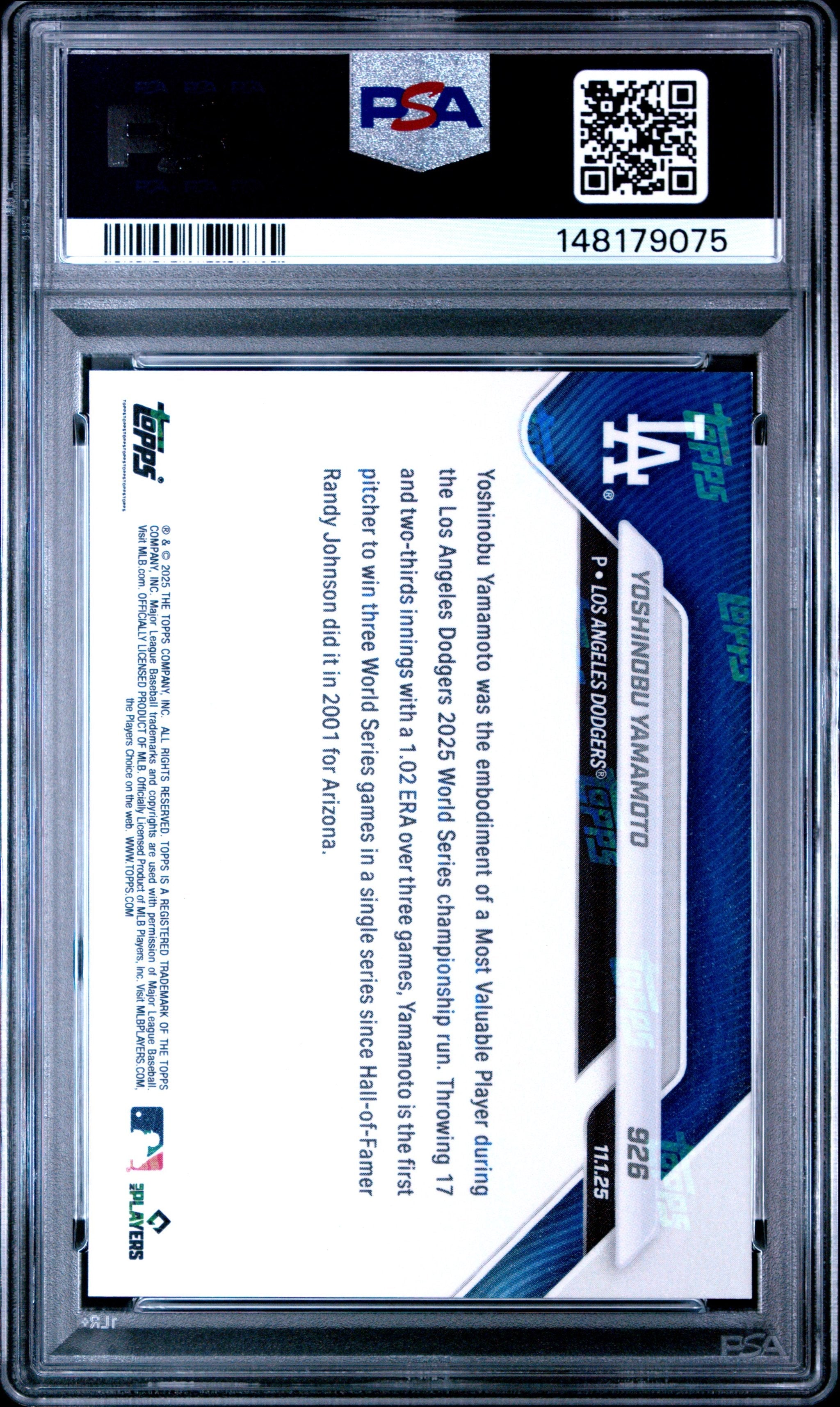 Graded 2025 Topps Now Yoshinobu Yamamoto #926 Baseball Card PSA 9 Mint