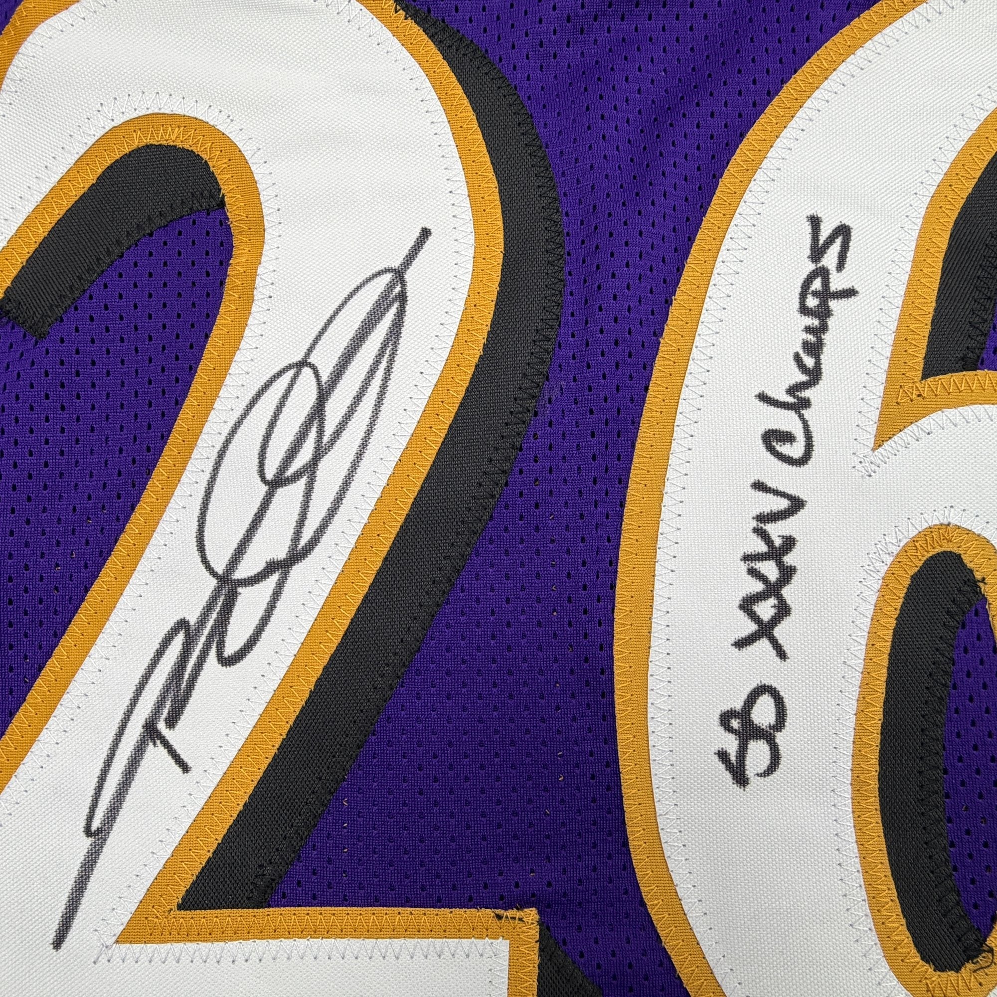 Autographed/Signed Rod Woodson SB XXXV Champs Baltimore Purple Football Jersey Beckett BAS COA