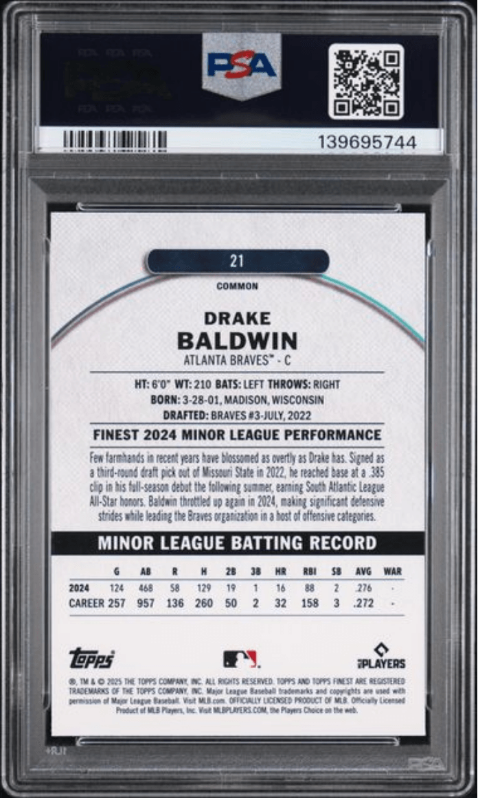 Graded 2025 Topps Finest Drake Baldwin #21 Checkerboard Refractor Rookie RC Baseball Card PSA 10 Gem Mint
