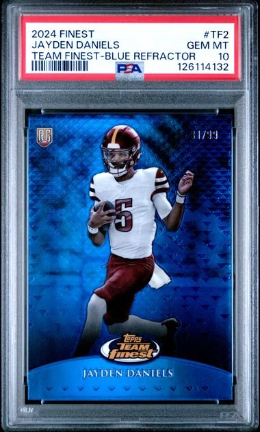 Graded 2024 Topps Finest Jayden Daniels #TF2 /99 Team Finest Blue Refractor Rookie RC Football Card PSA 10 Gem Mint