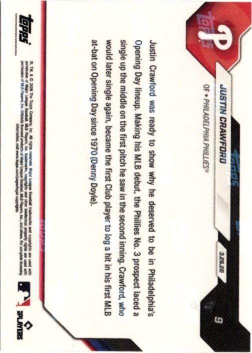 2026 Topps Now Justin Crawford #9 Orange Foil /25 1st Hit in 1st At Bat Logs Team Opening Day History Philadelphia Phillies Rookie RC Baseball Card