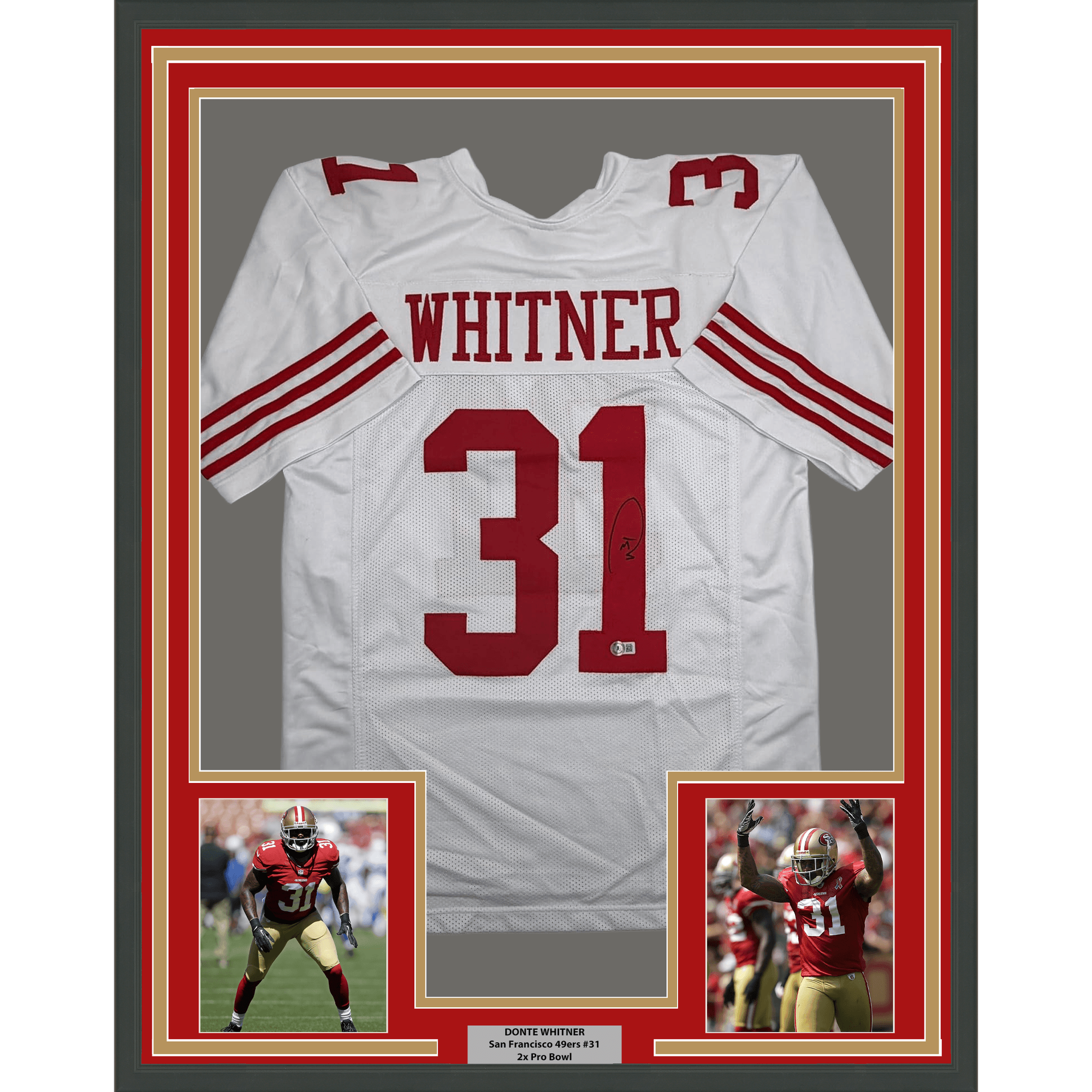 Framed Autographed/Signed Donte Whitner 35x39 San Francisco White Football Jersey Beckett BAS COA
