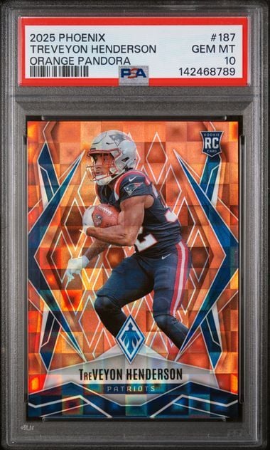 Graded 2025 Panini Phoenix TreVeyon Henderson #187 /189 Orange Pandora Rookie RC Football Card PSA 10 Gem Mint