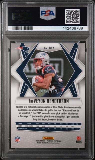 Graded 2025 Panini Phoenix TreVeyon Henderson #187 /189 Orange Pandora Rookie RC Football Card PSA 10 Gem Mint