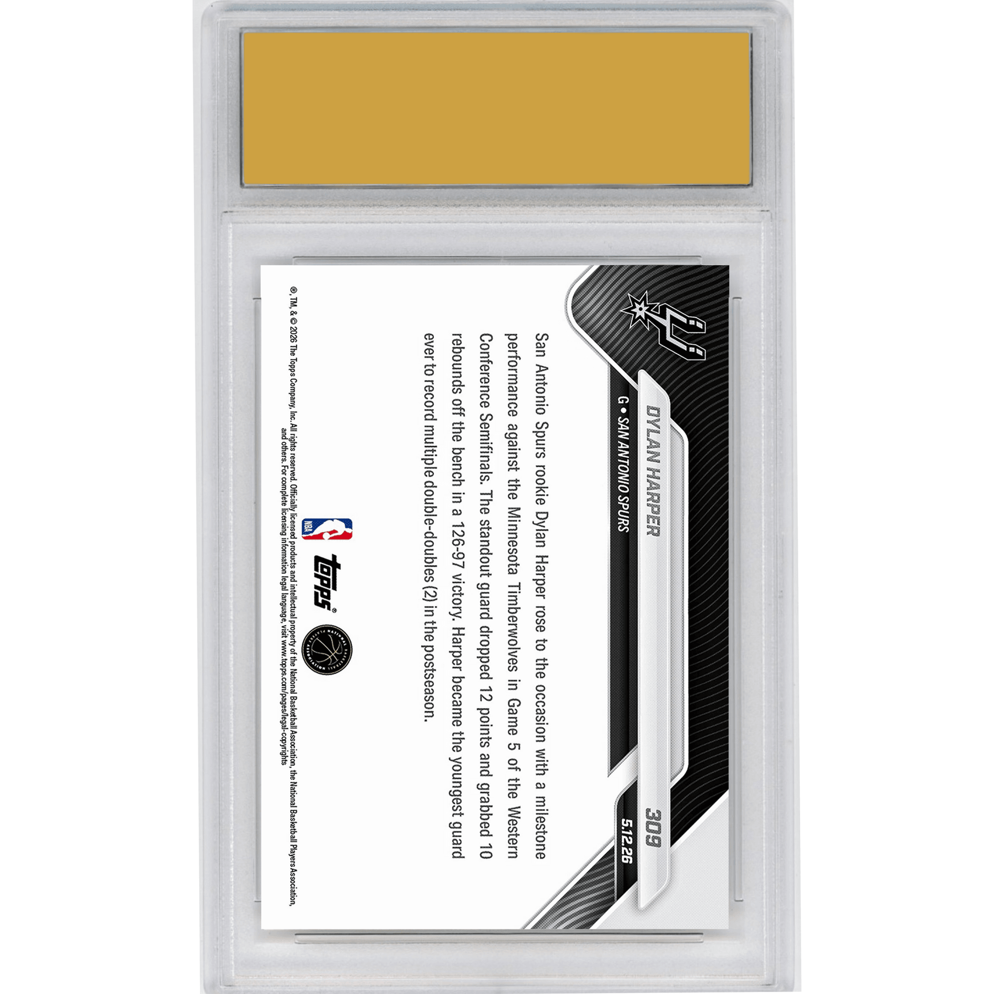 Graded 2025 Topps Now Dylan Harper #309 Youngest Guard Ever with Multiple Playoff Double Doubles San Antonio Spurs Rookie RC Basketball Card HOFSM 10 Gem Mint