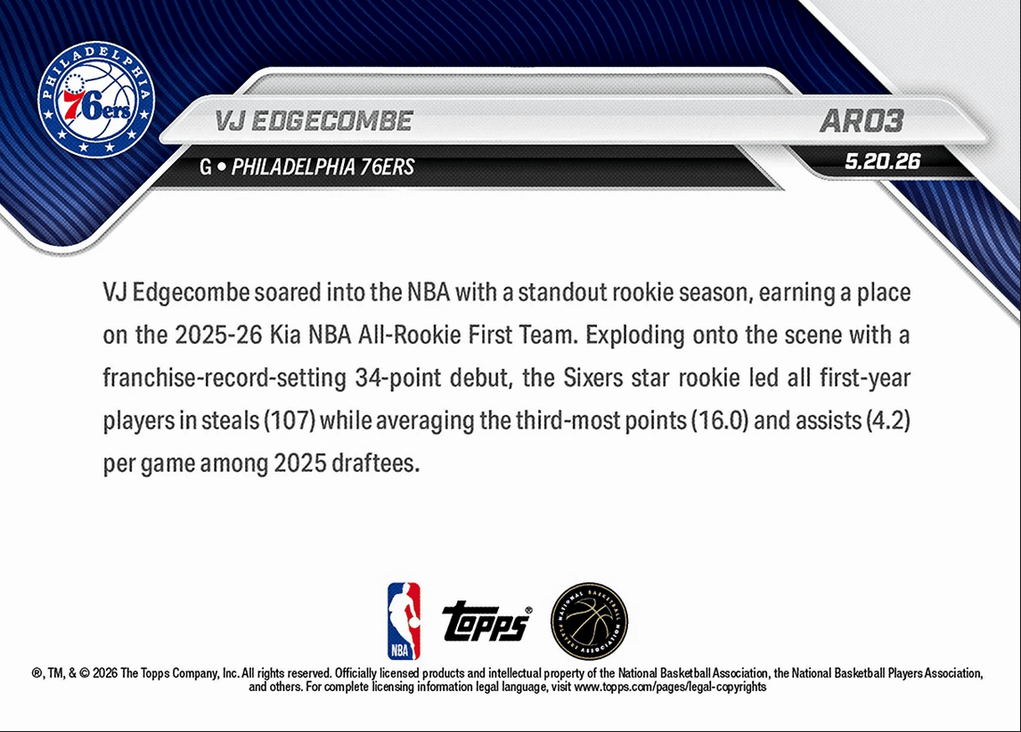 2025 Topps Now VJ Edgecombe #AR03 2025-26 KIA NBA All Rookie First Team Selection Philadelphia 76ers Rookie RC Basketball Card