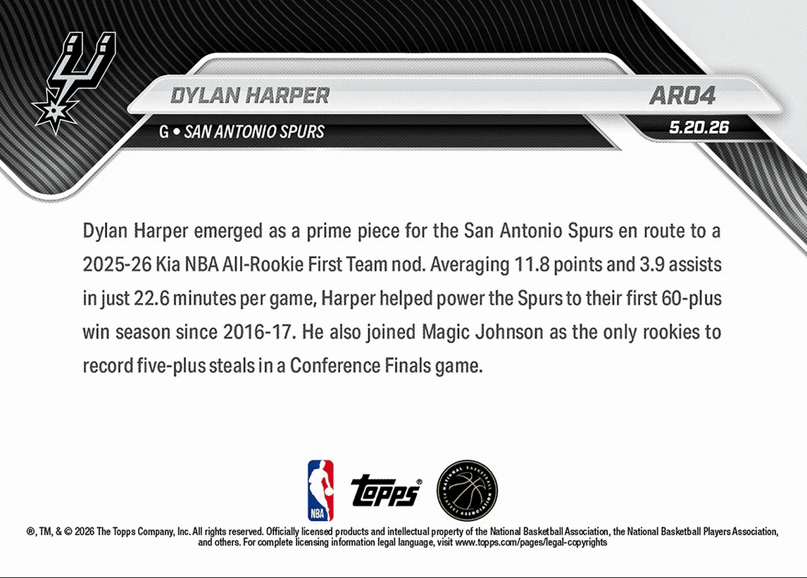 2025 Topps Now Dylan Harper #AR04 2025-26 KIA NBA All Rookie First Team Selection San Antonio Spurs Rookie RC Basketball Card