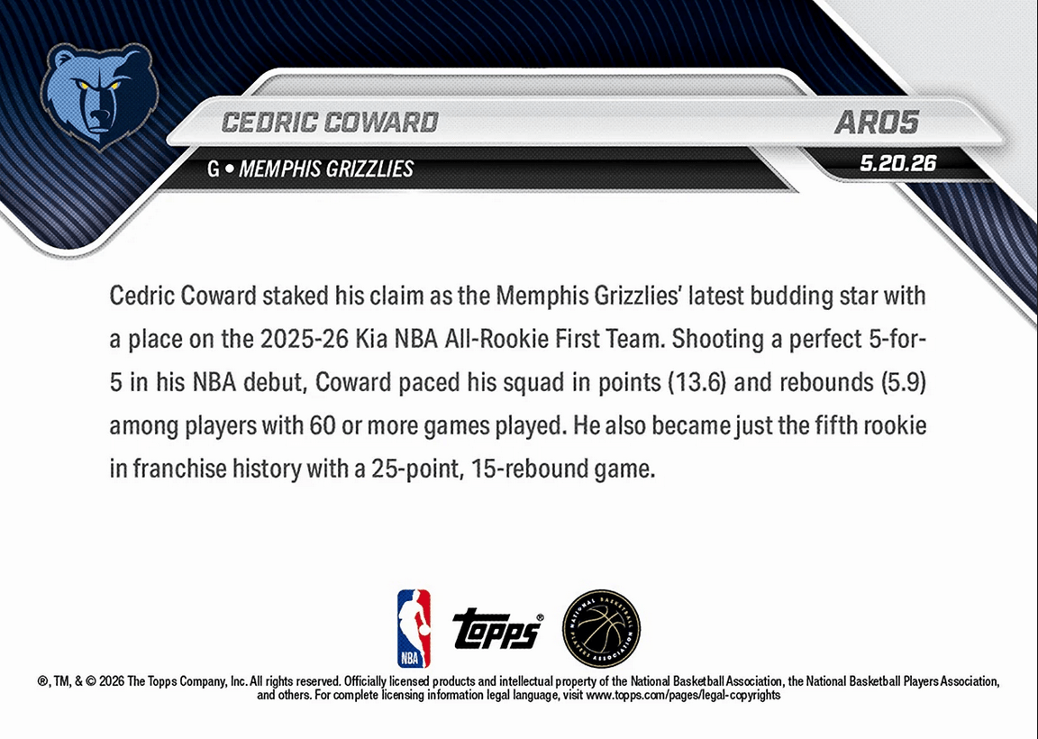 2025 Topps Now Cedric Coward #AR05 2025-26 KIA NBA All Rookie First Team Selection Memphis Grizzlies Rookie RC Basketball Card