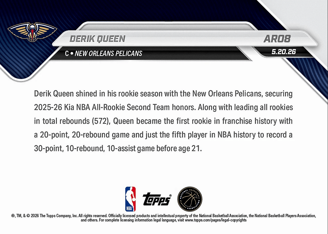 2025 Topps Now Derik Queen #AR08 2025-26 KIA NBA All Rookie Second Team Selection New Orleans Pelicans Rookie RC Basketball Card
