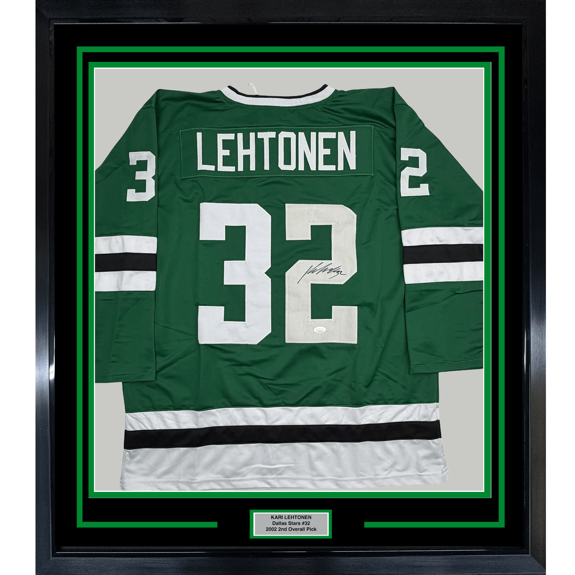 Framed Autographed/Signed Kari Lehtonen 35x39 Dallas Green Hockey Jersey JSA COA