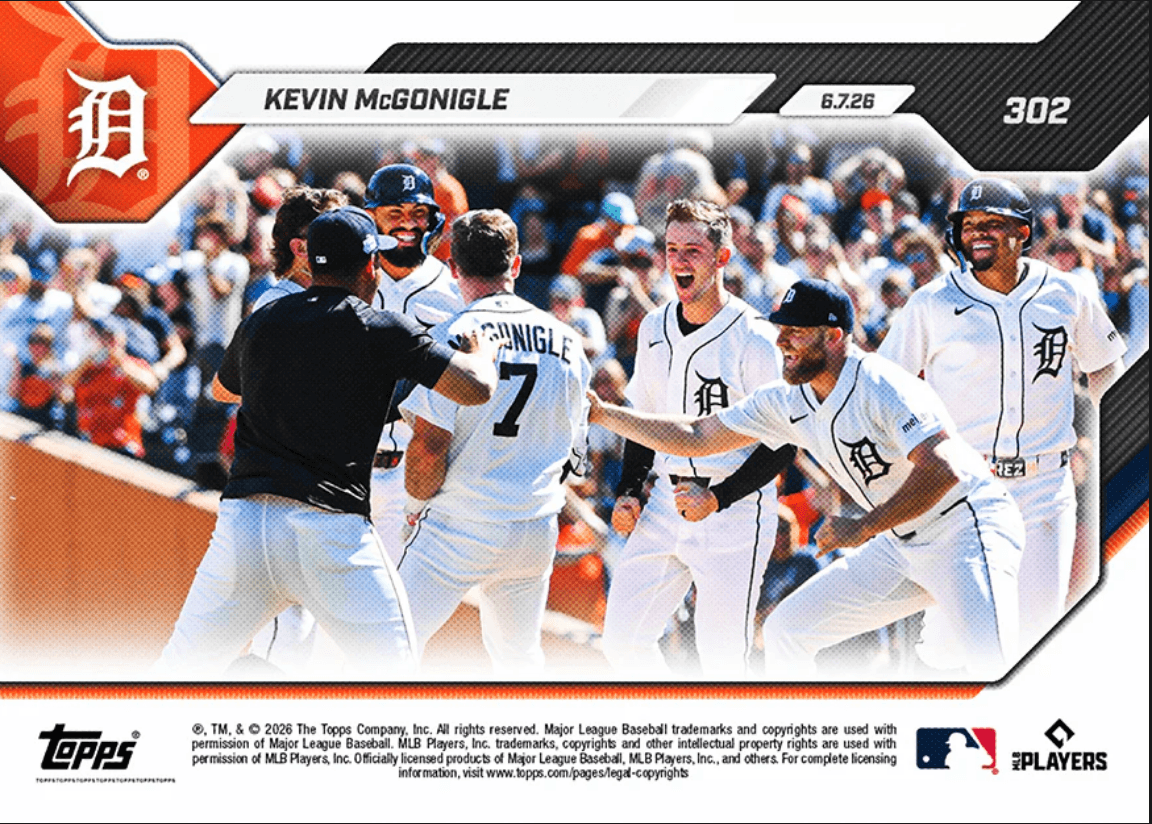 2026 Topps Now Kevin McGonigle #302 1st MLB Walk Off Hit Seals Series Win Vs Seattle Detroit Tigers Rookie RC Baseball Card