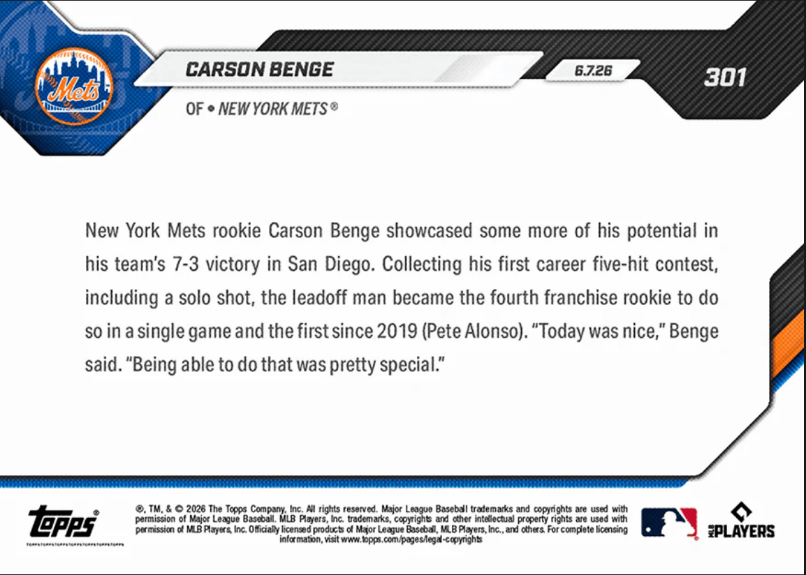 2026 Topps Now Carson Benge #301 1st Mets Rookie to Log 5 Hit Contest Since '19 New York Mets Rookie RC Baseball Card