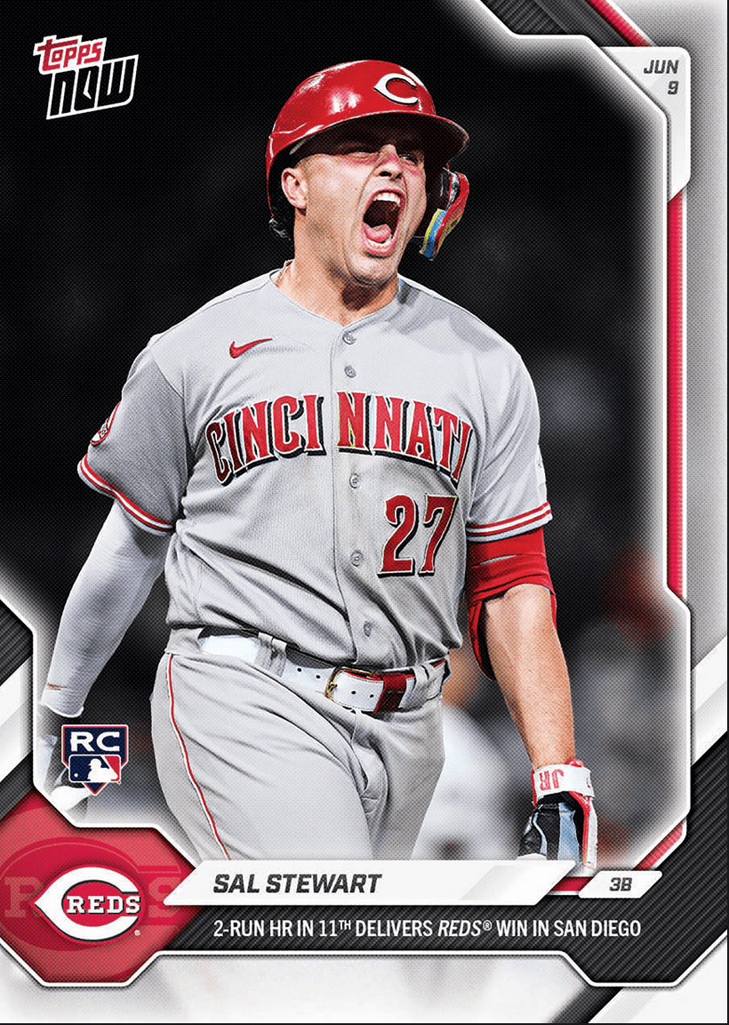 2026 Topps Now Sal Stewart #309 2nd Home Run in 11th Delivers Reds Win in San Diego Cincinnati Reds Rookie RC Baseball Card