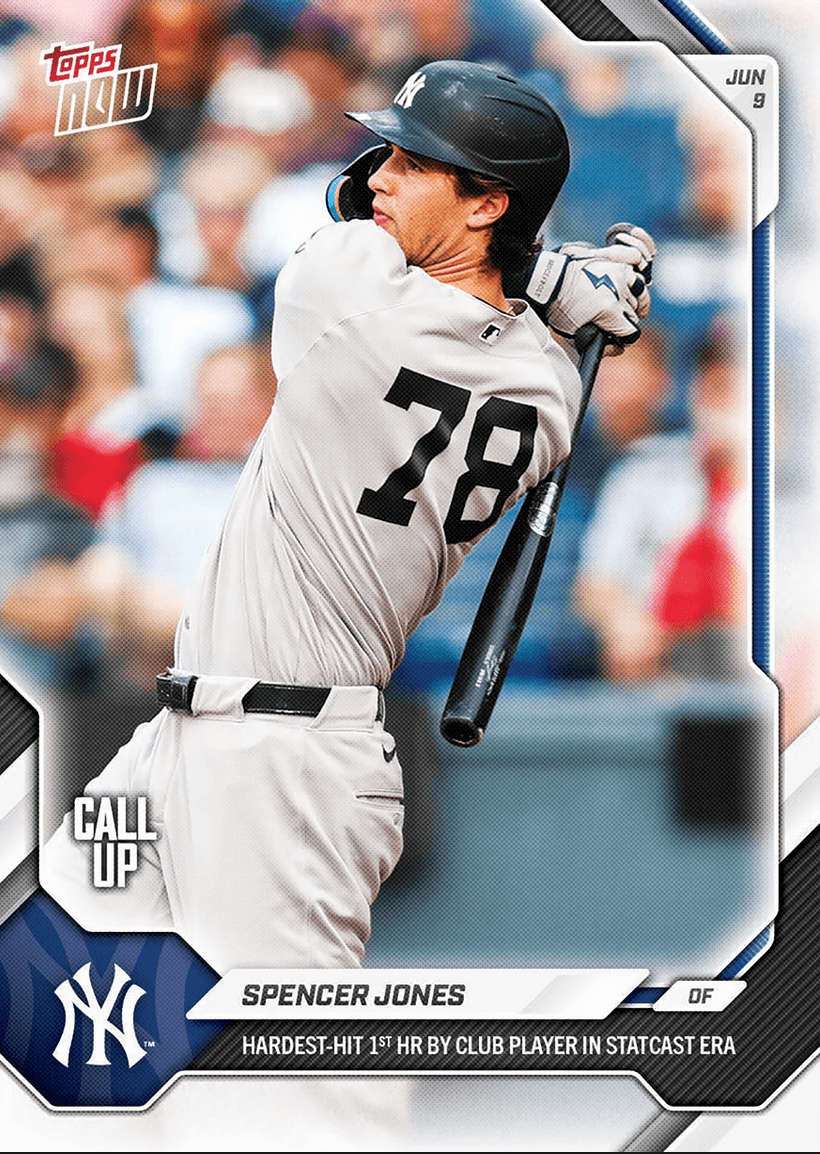 2026 Topps Now Spencer Jones #308 Hardest Hit 1st Home Run by Club Player in Statcast Era New York Yankees Rookie RC Baseball Card