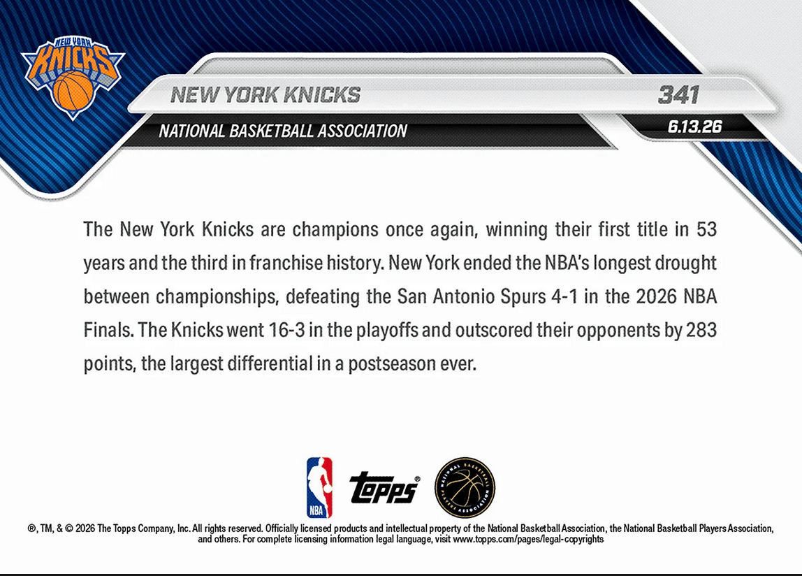 2025 Topps Now New York Knicks #341 Job Finished: Franchise Captures 1st NBA Championship Since 1973 Basketball Card
