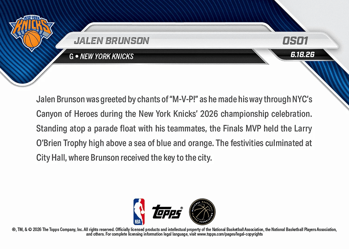 2025 Topps Now Jalen Brunson #OS01 Celebrates 2026 NBA Championship in Victory Parade New York Knicks Basketball Card