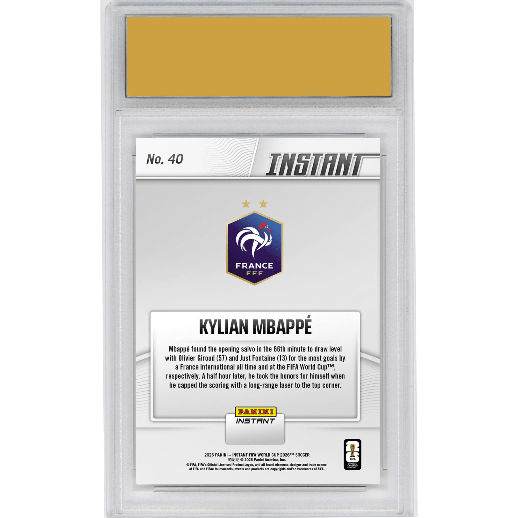 Graded 2026 Panini Instant FIFA World Cup Kylian Mbappe #40 Roi De France: Mbappe Takes Team Goals Crown France Soccer Card HOFSM 10 Gem Mint