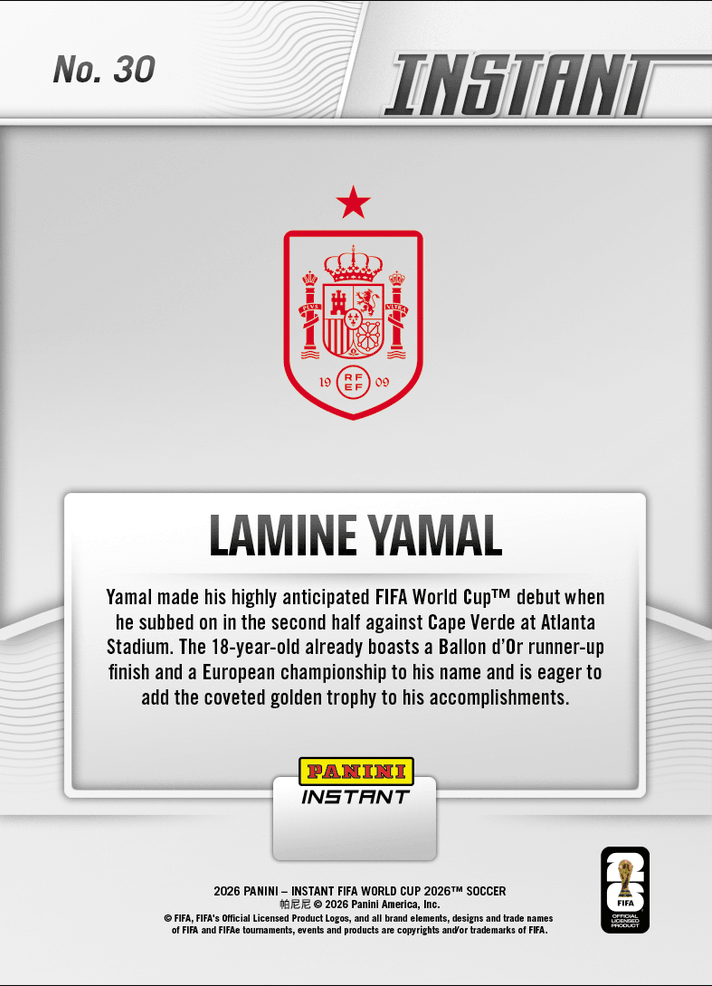 2026 Panini Instant FIFA World Cup Lamine Yamal #30 Spanish Starlet Struts Stuff On Big Stage Spain Soccer Card