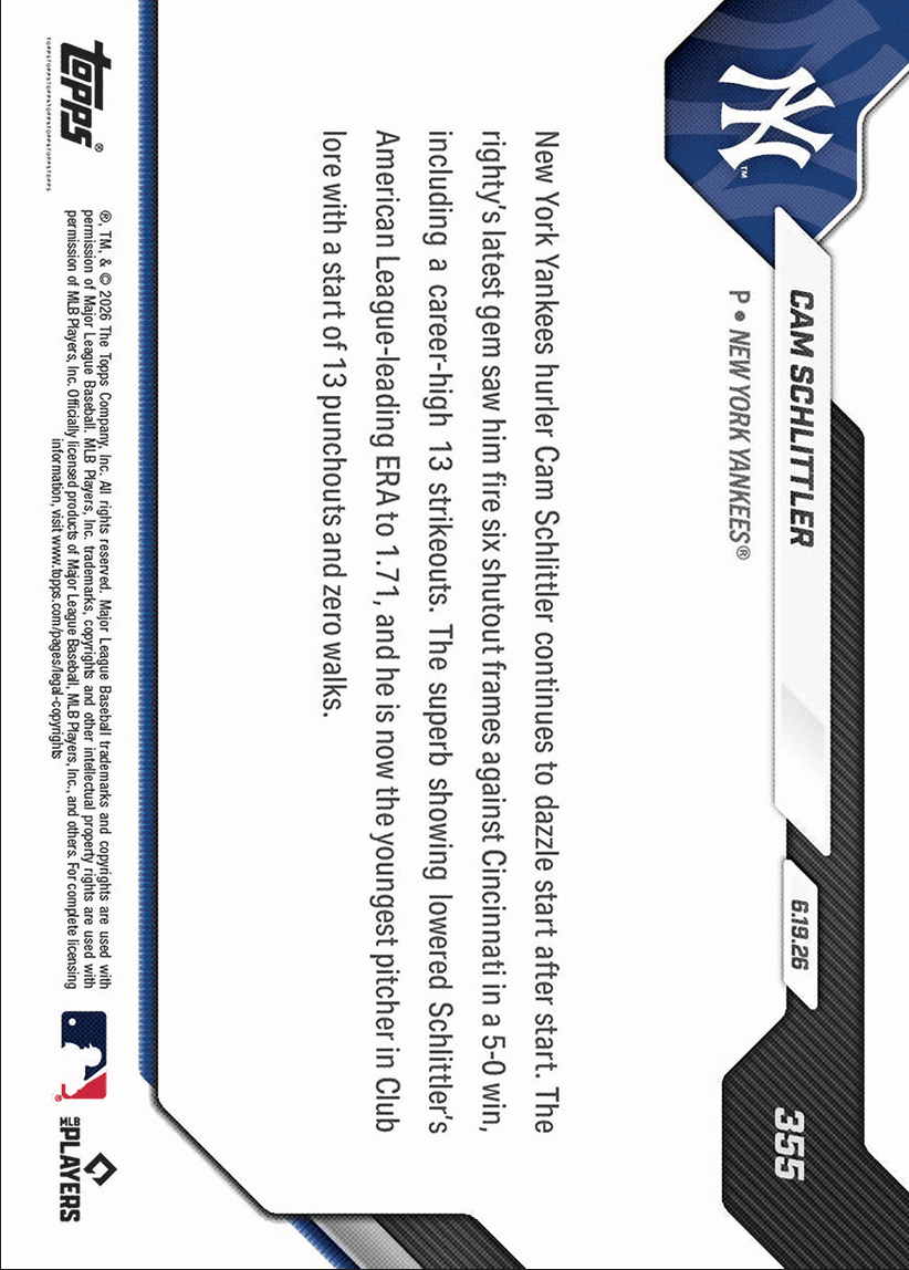 2026 Topps Now Cam Schlittler #355 Career Best 13K Start Makes Yankees History New York Yankees Rookie RC Baseball Card