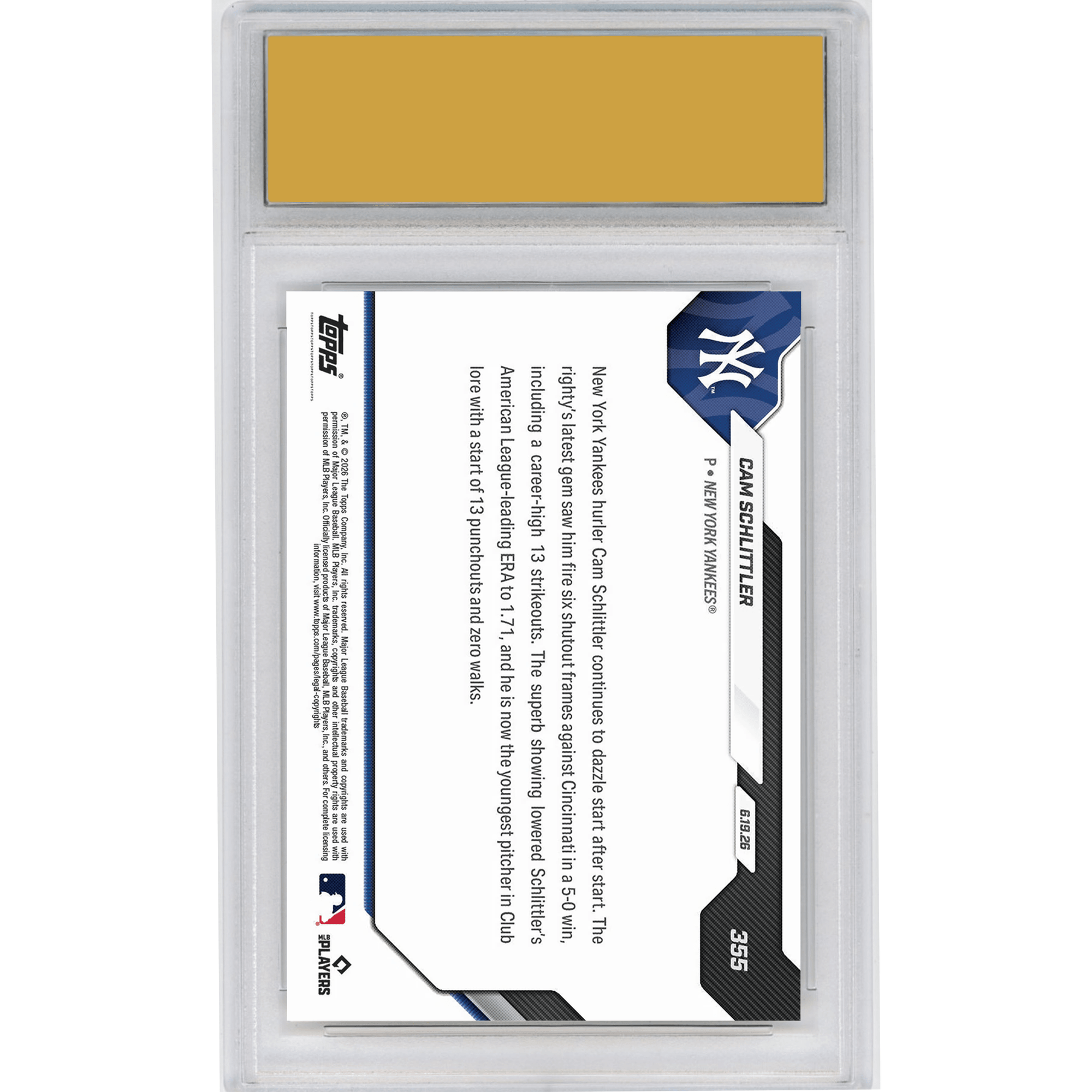 Graded 2026 Topps Now Cam Schlittler #355 Career Best 13K Start Makes Yankees History New York Yankees Rookie RC Baseball Card HOFSM 10 Gem Mint