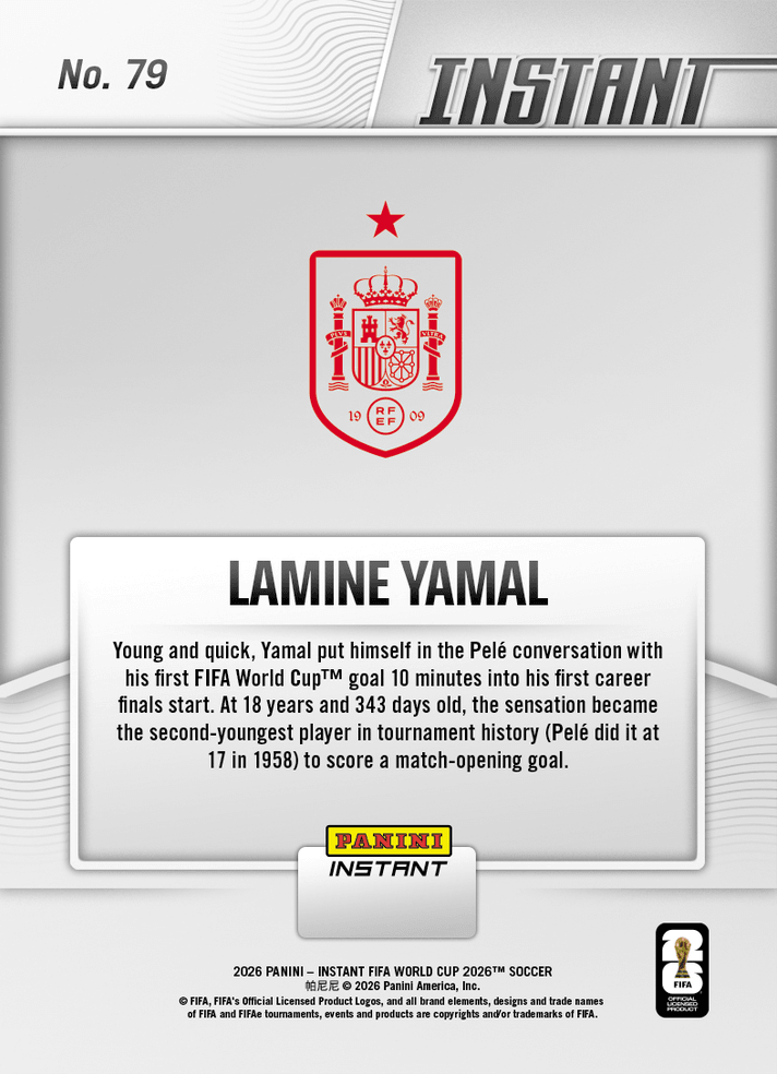 2026 Panini Instant FIFA World Cup Lamine Yamal #79 Heir Apparent Opens Account Royally Fast Spain Soccer Card