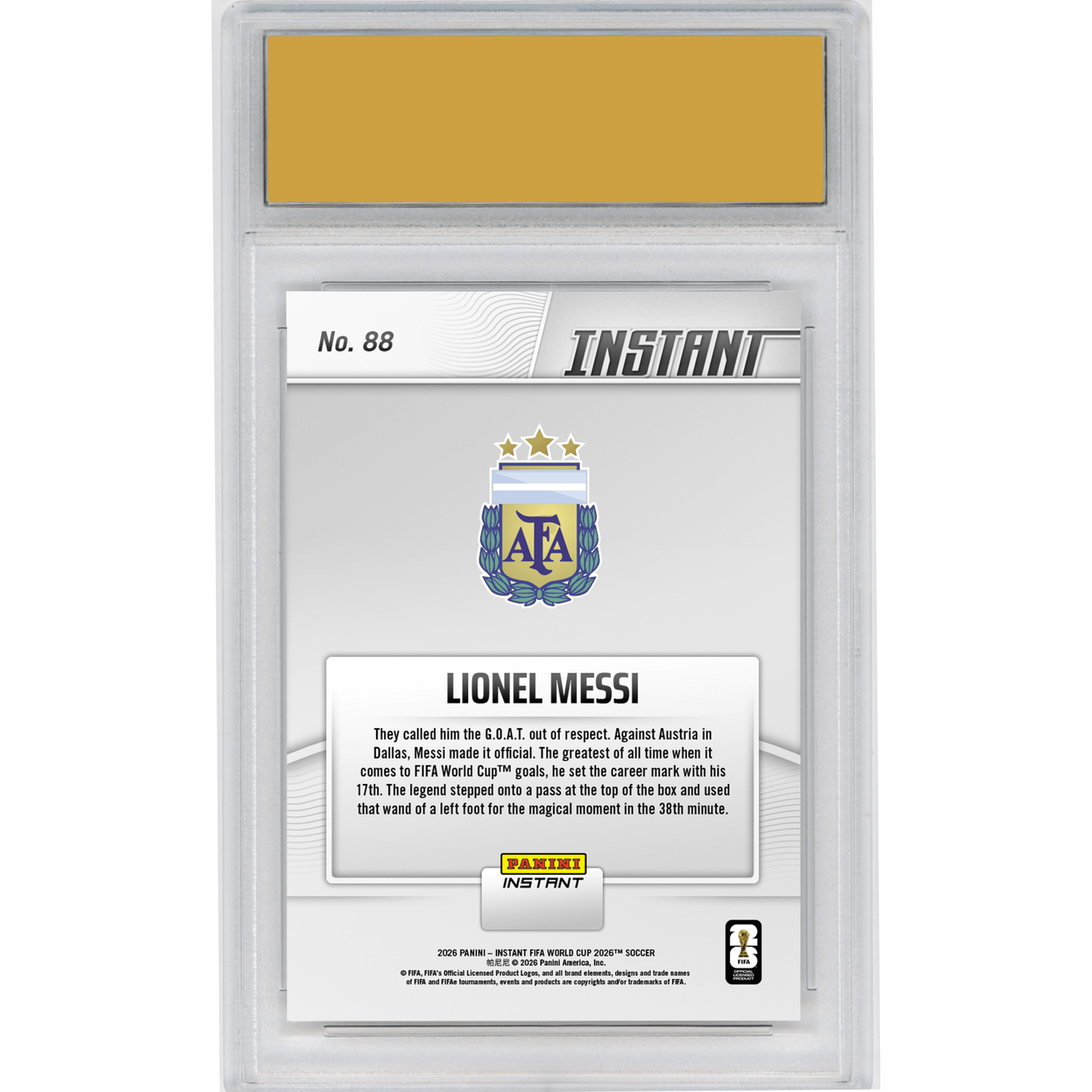 Graded 2026 Panini Instant FIFA World Cup Lionel Messi #88 Argentina Legend Sets FIFA World Cup Goals Mark Argentina Soccer Card HOFSM 10 Gem Mint