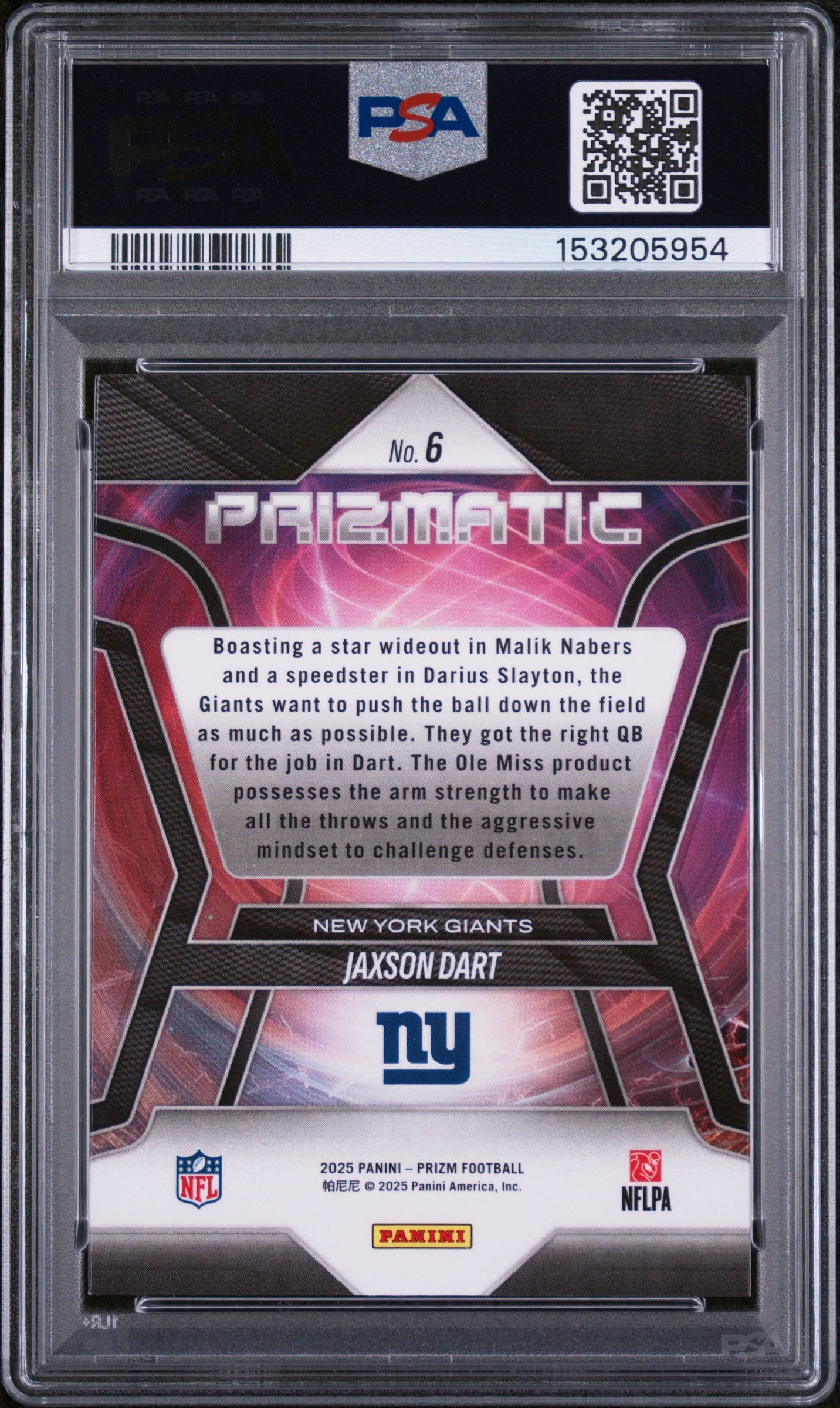 Graded 2025 Panini Prizm Jaxson Dart #6 Prizmatic Rookie RC Football Card PSA 10 Gem Mint