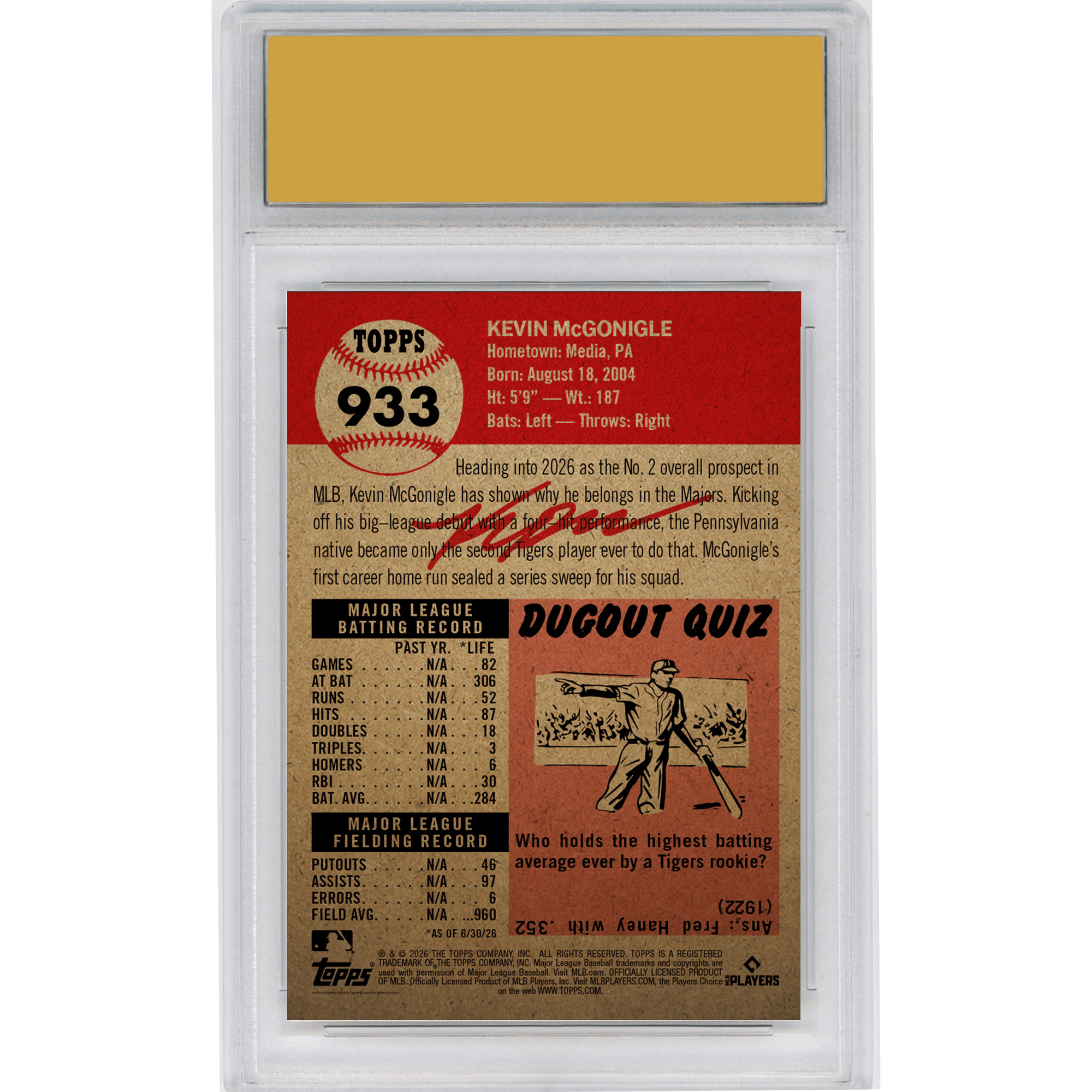 Graded 2026 Topps Living Kevin McGonigle #933 Detroit Tigers Rookie RC Baseball Card HOFSM 10 Gem Mint