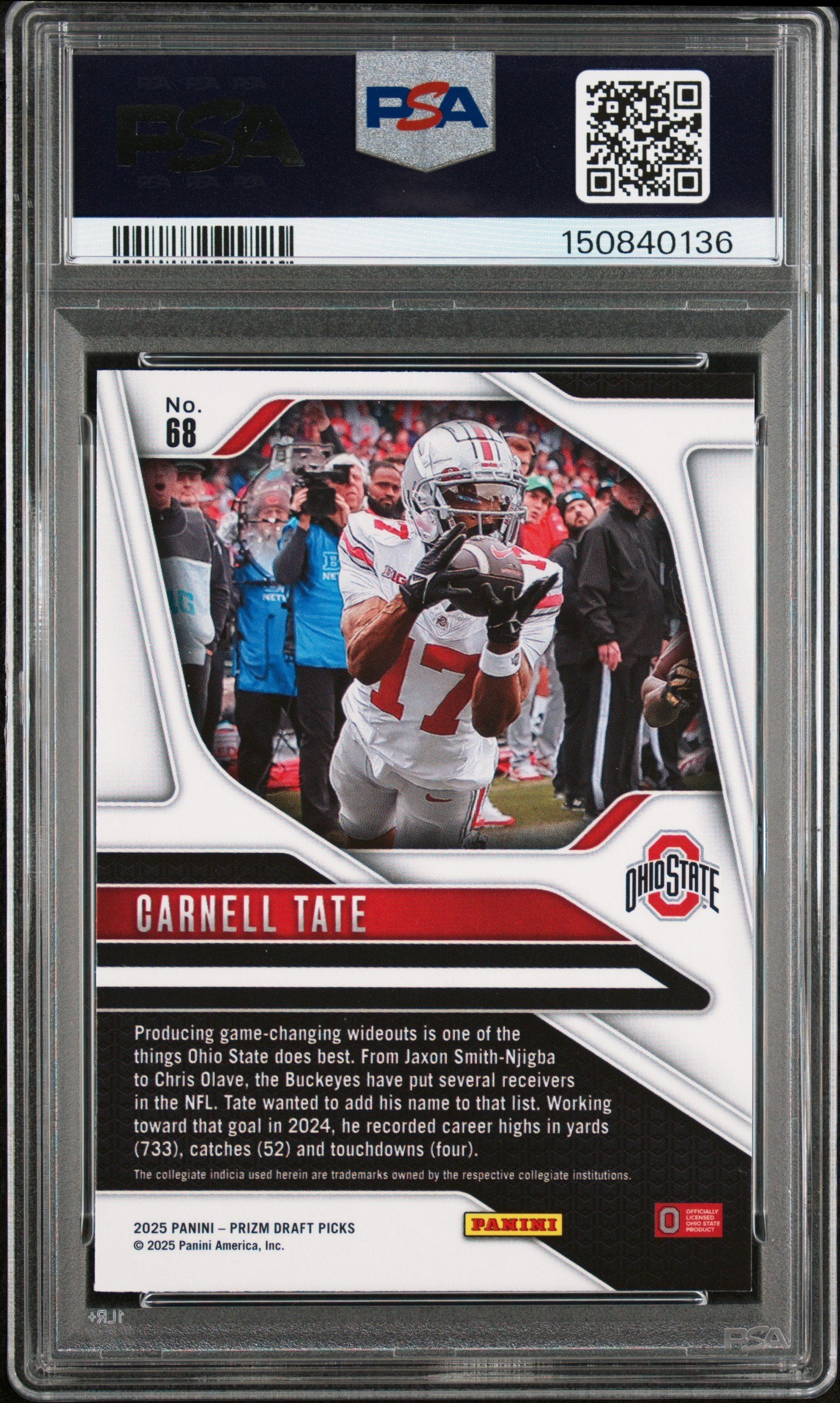 Graded 2025 Panini Prizm Draft Picks Carnell Tate #68 Rookie RC Football Card PSA 10 Gem Mint