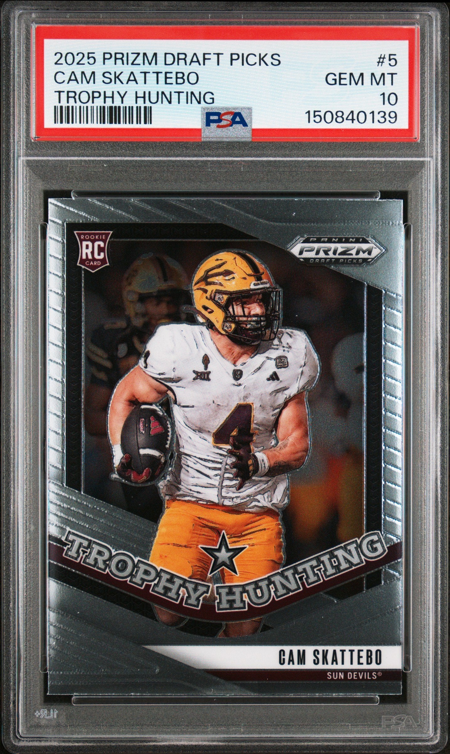 Graded 2025 Panini Prizm Draft Picks Cam Skattebo #5 Trophy Hunting Rookie RC Football Card PSA 10 Gem Mint