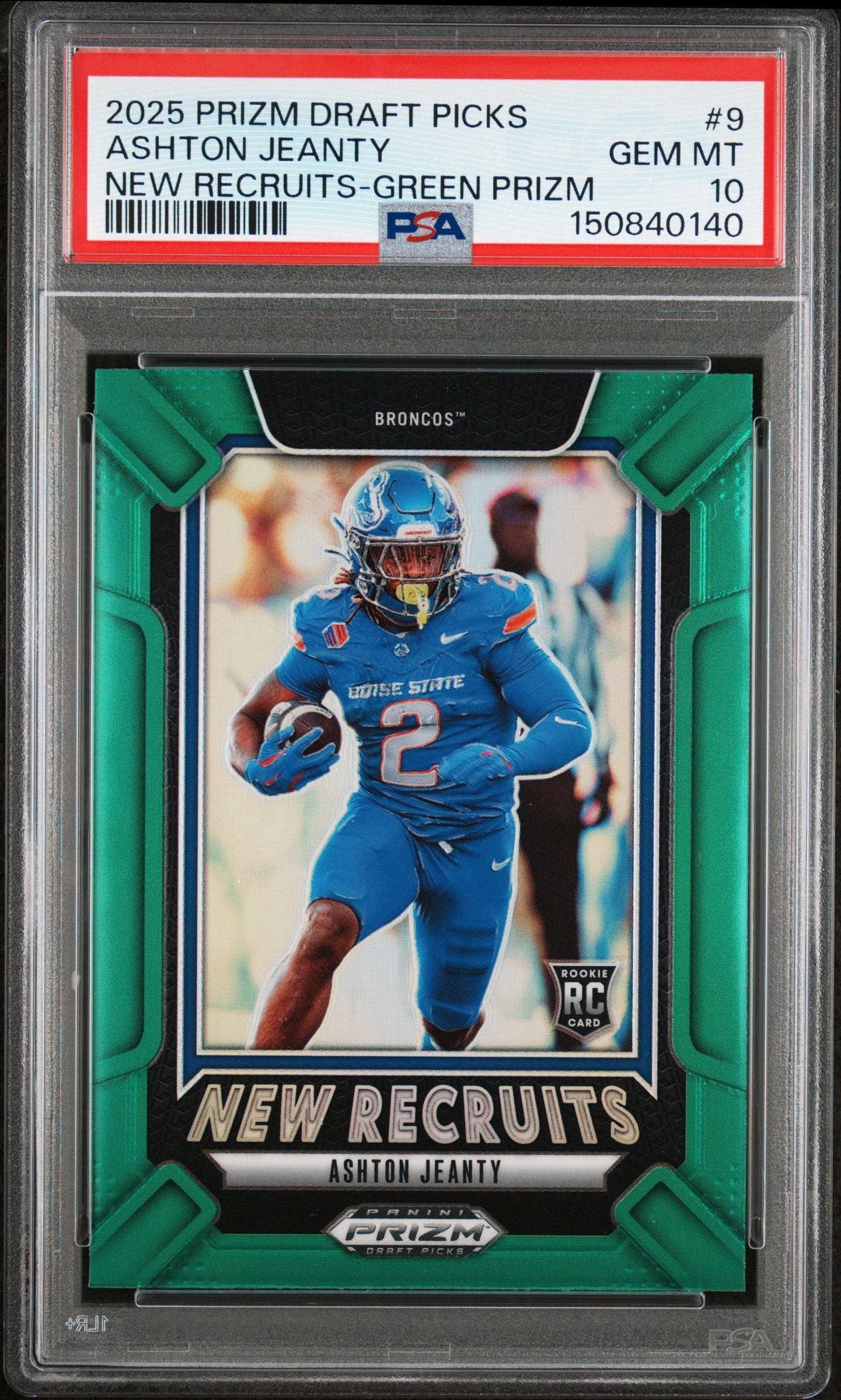 Graded 2025 Panini Prizm Draft Picks Ashton Jeanty #9 New Recruits Green Rookie RC Football Card PSA 10 Gem Mint
