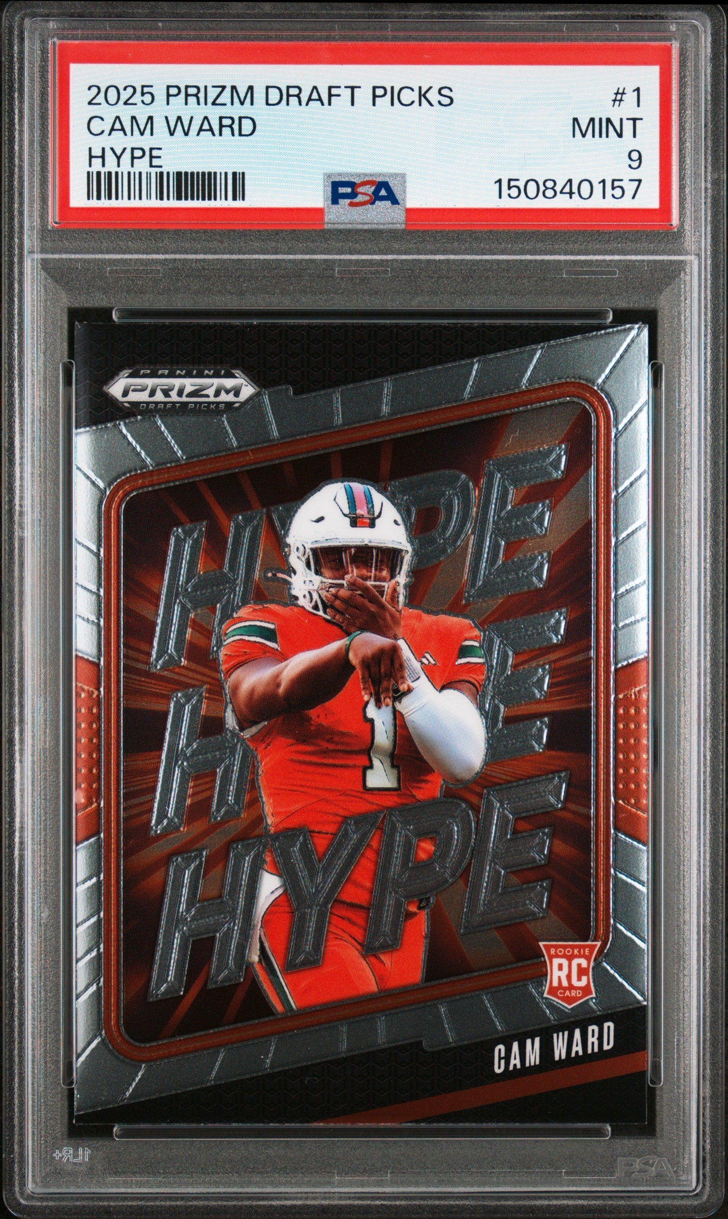 Graded 2025 Panini Prizm Draft Picks Cam Ward #1 Hype Rookie RC Football Card PSA 9 Mint