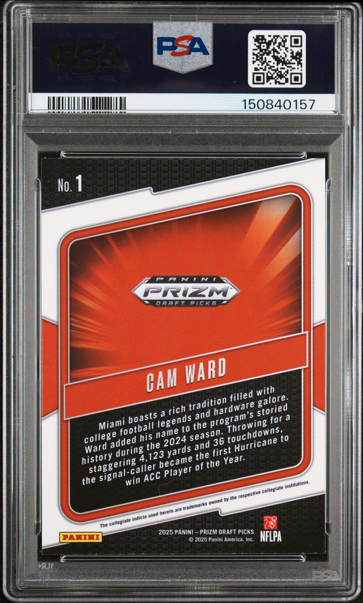 Graded 2025 Panini Prizm Draft Picks Cam Ward #1 Hype Rookie RC Football Card PSA 9 Mint