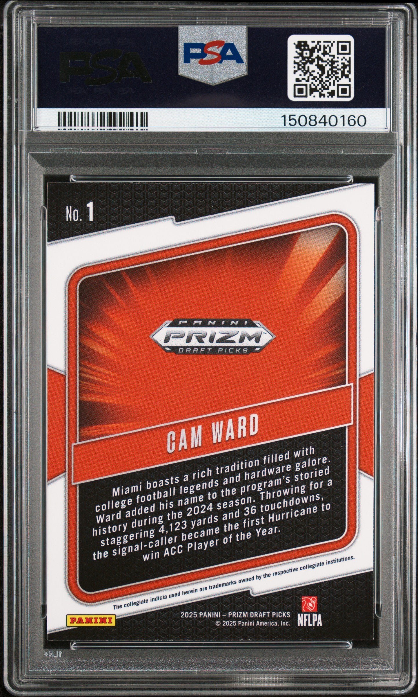 Graded 2025 Panini Prizm Draft Picks Cam Ward #1 Hype Rookie RC Football Card PSA 10 Gem Mint