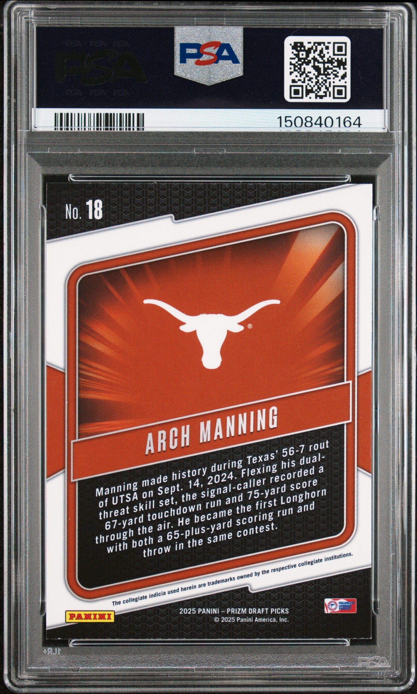 Graded 2025 Panini Prizm Draft Picks Arch Manning #18 Hype Rookie RC Football Card PSA 9 Mint