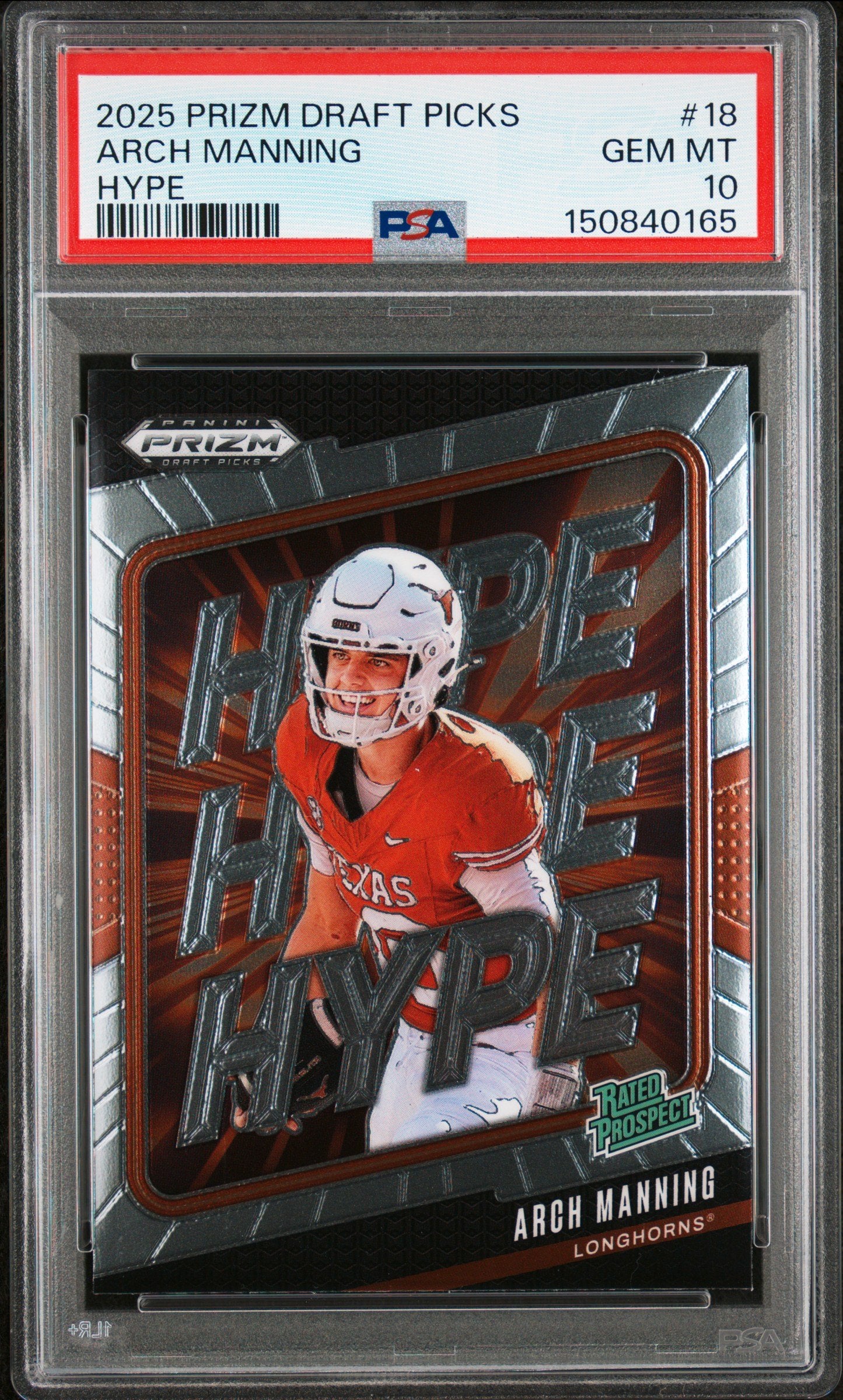 Graded 2025 Panini Prizm Draft Picks Arch Manning #18 Hype Rookie RC Football Card PSA 10 Gem Mint